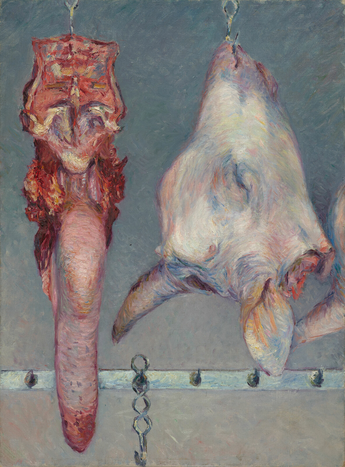 A white severed calf's head is suspended from a hook in its nose at right, painted with blue undertones and pink and yellow highlights. At left is a severed ox tongue and mouth rendered in soft white, pinks, and reds, all against a blue-gray background.