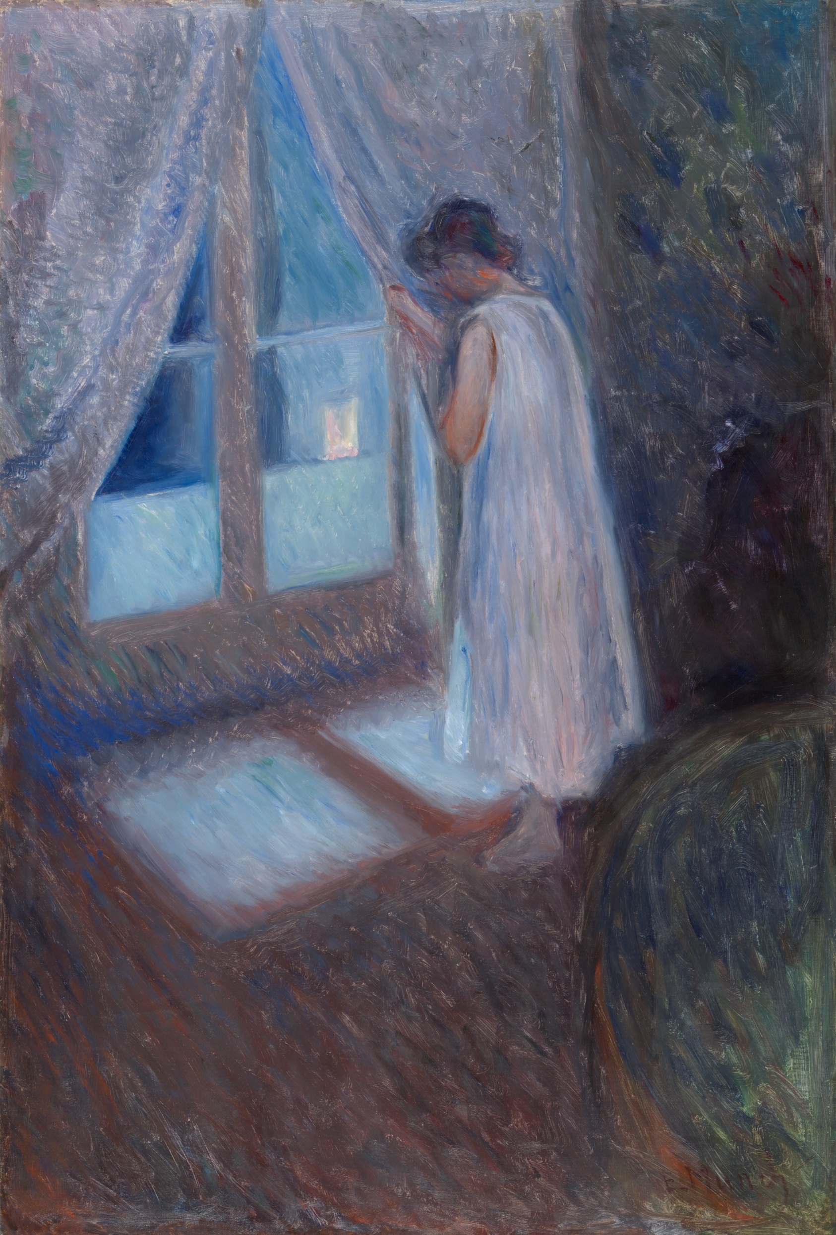 Loosely painted scene of a brown-haired girl in her nightgown standing in a dark room, gazing out a window into a brighter night, her face unseen and her hand drawing back the pale curtain. Light blues and pink whites dominate the girl and the window, while deep browns, blues, and greens color the darkened portions of her room.