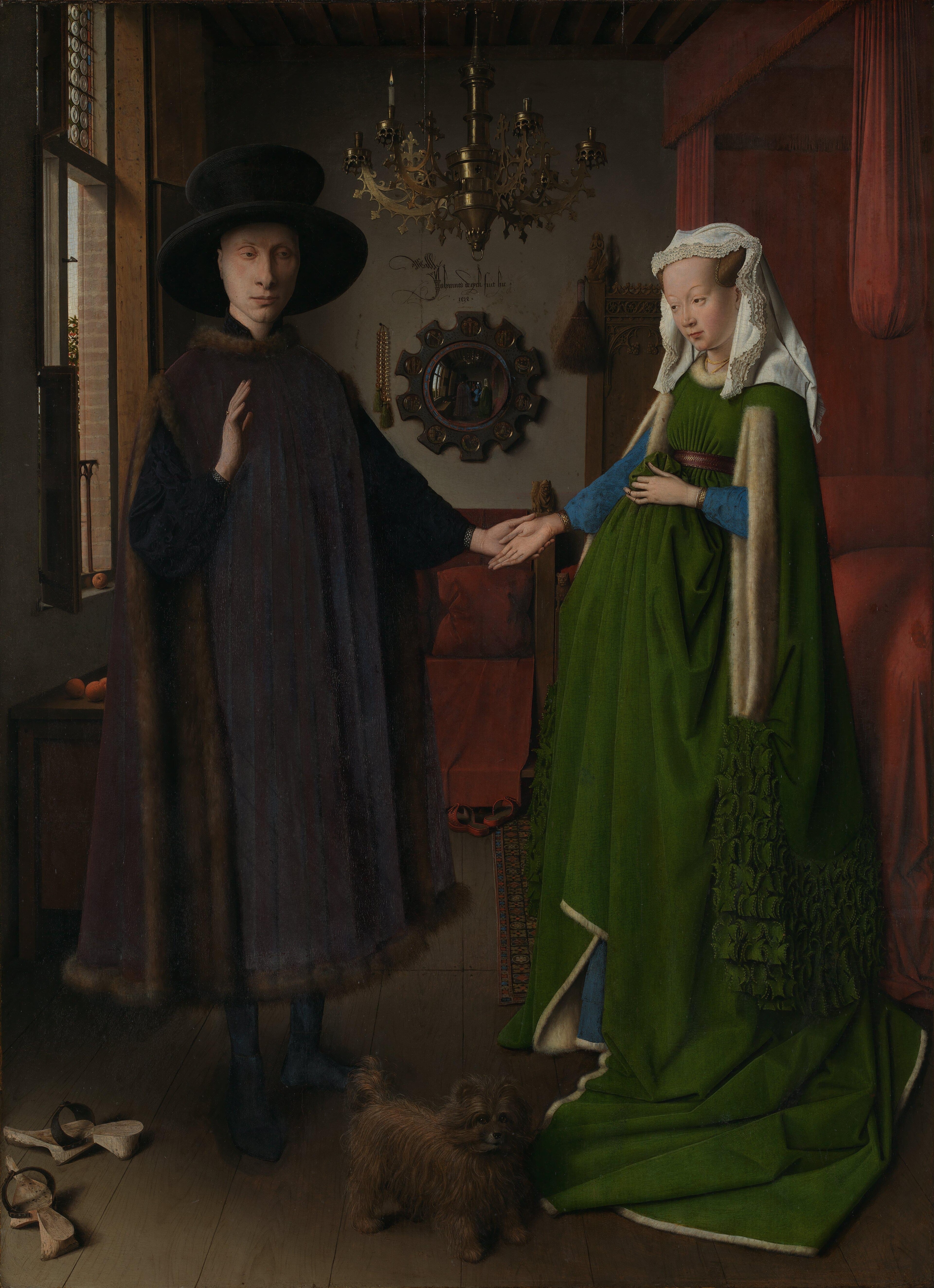 Van Eyck: two figures in a furnished room with a dog, chandelier and small convex mirror.