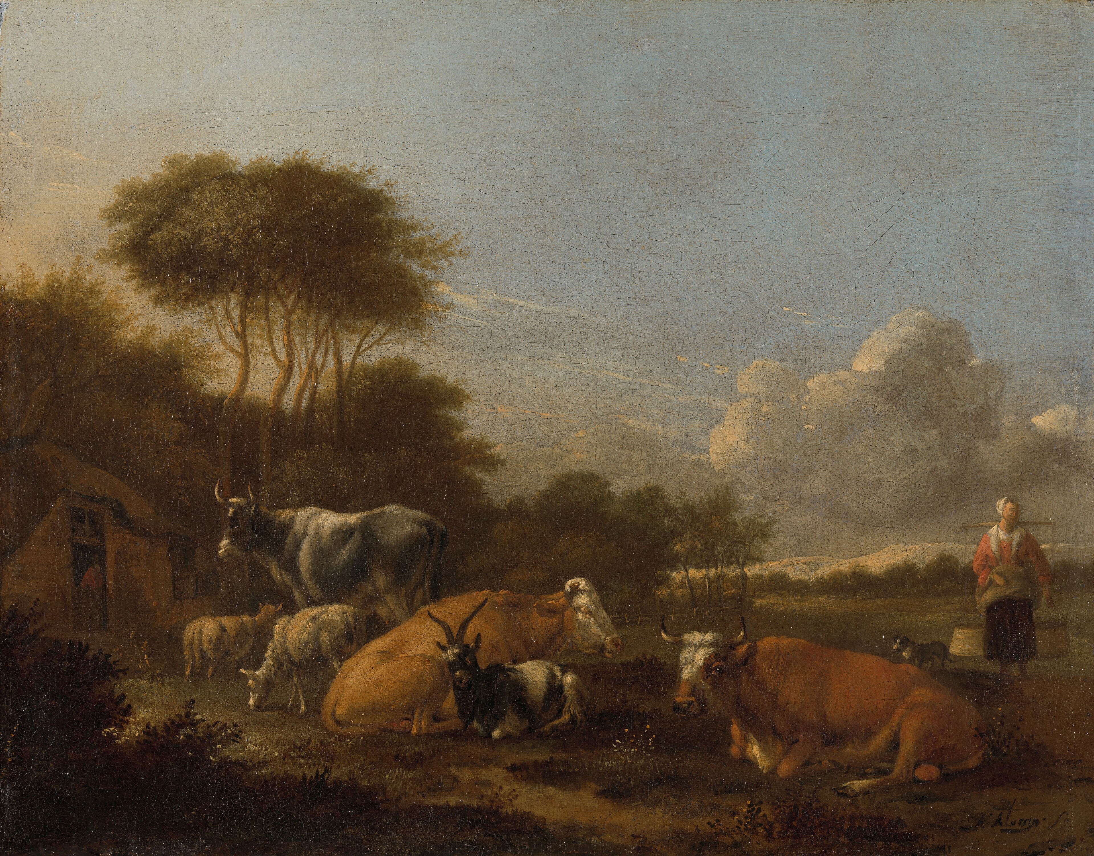 Landscape with cattle and a farmer's wife by Albert Klomp