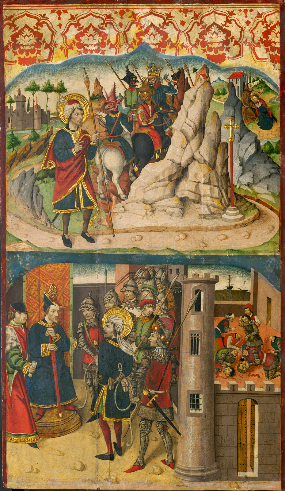 Two paintings on one panel. The upper features a figure in blue clothes with gold trim holding a lance. Demons on horses climb a mountain. The lower image features a figure wearing blue clothes with gold trim standing next to knights in front of a castle. Two men, one in blue and in red, stand in opposition.
