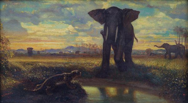 French: Tigre et éléphant à la source, dit aussi Le désert indien. by Alexandre-Gabriel Decamps