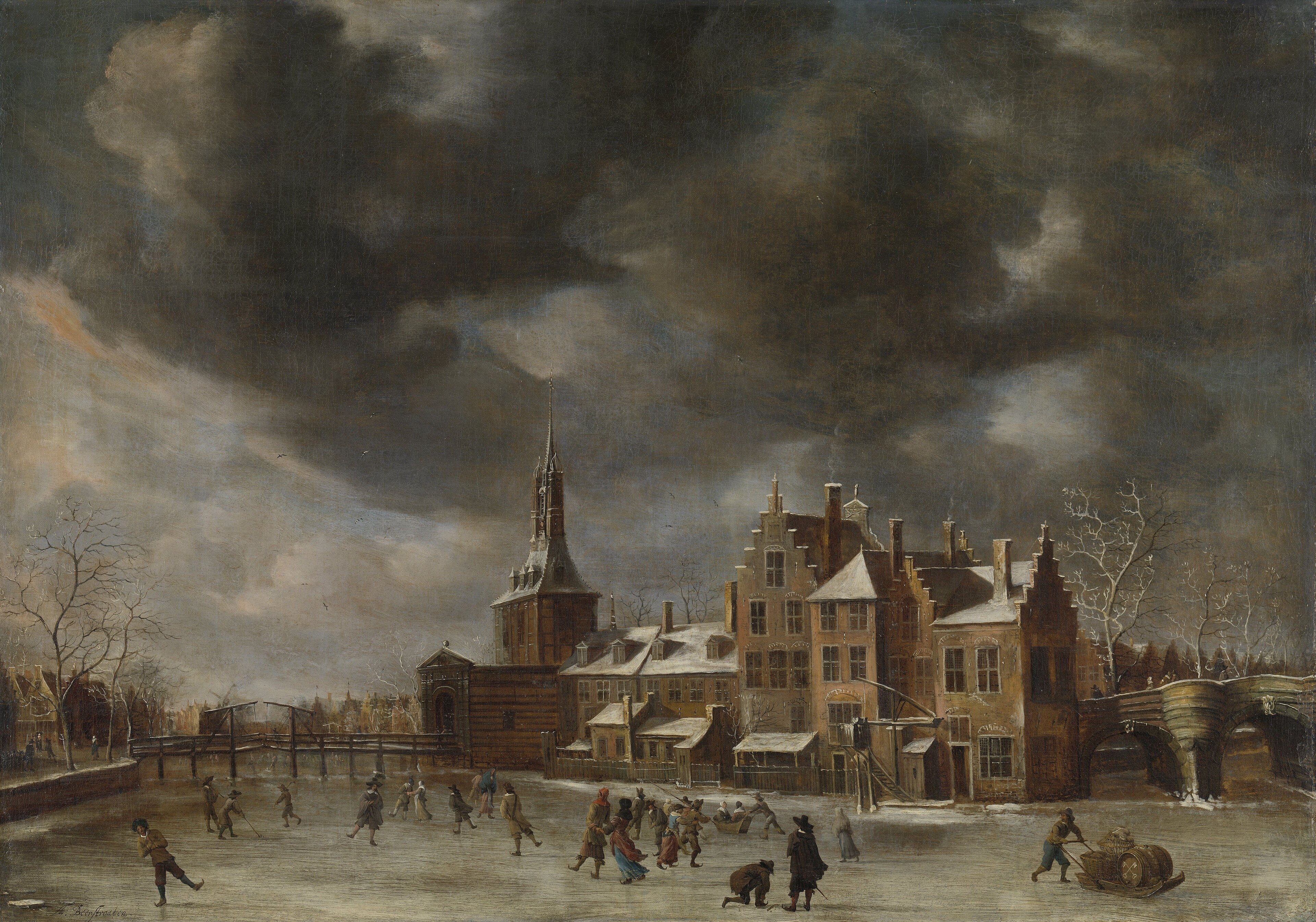 The Blauwpoort in Leiden in winter . by Abraham Beerstraaten