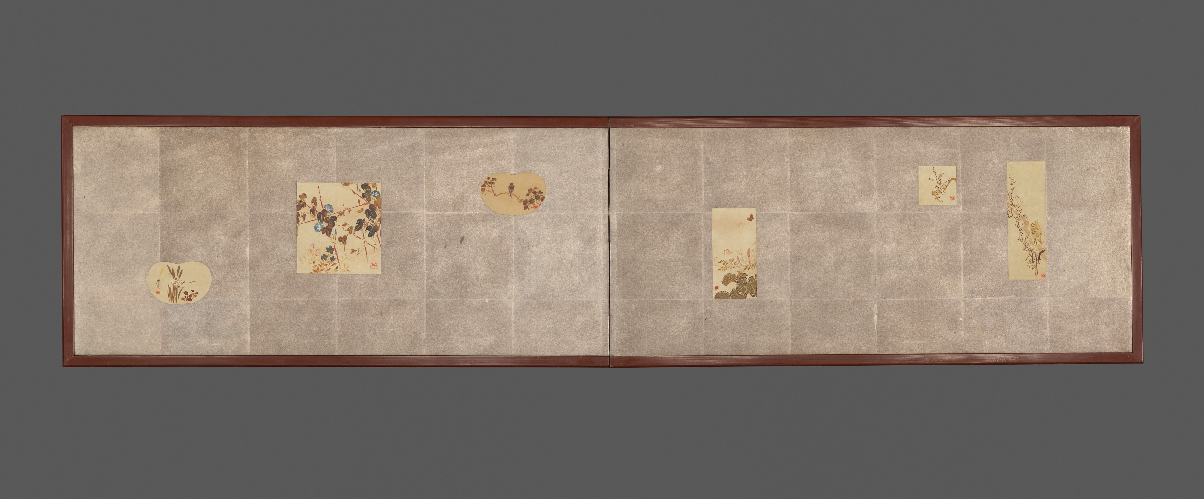 Folding Screen for Tea Ceremony with Six Bird-and-Flower Paintings by Shibata Zeshin