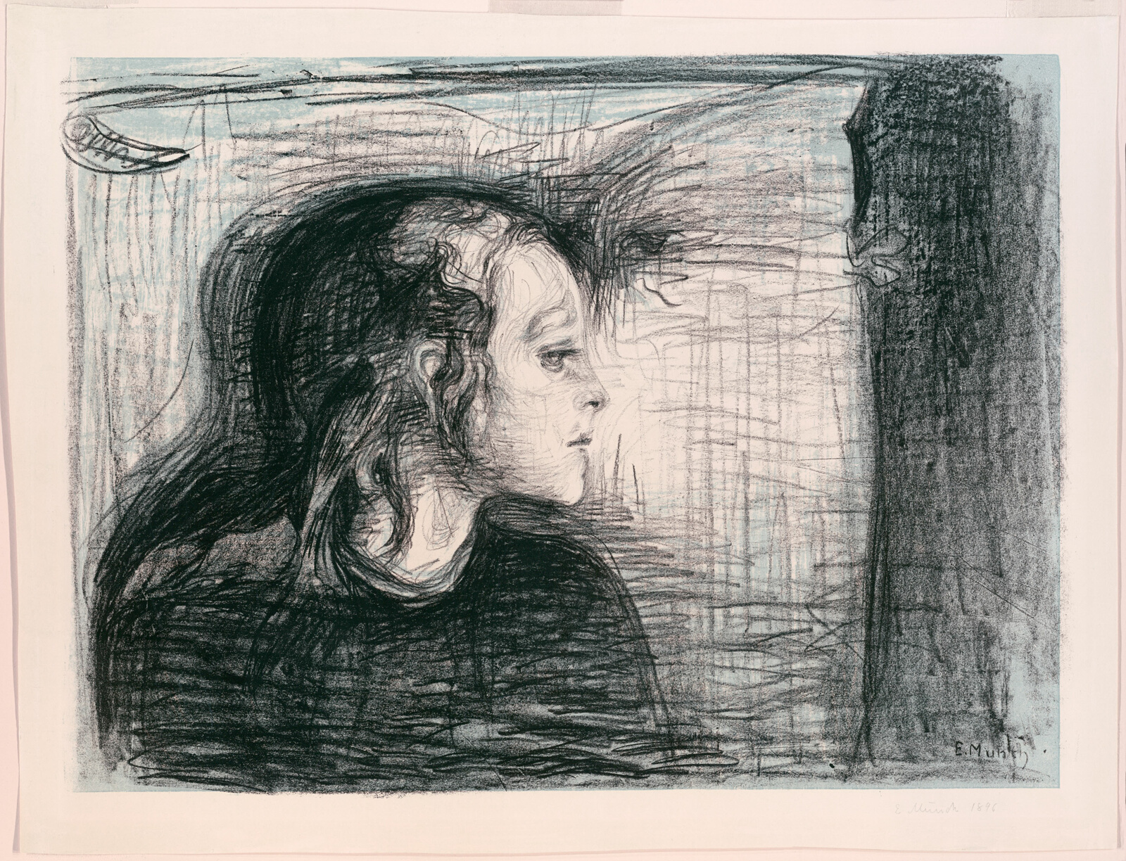 Black and blue print of gaunt girl, sad expression and thinning hair.