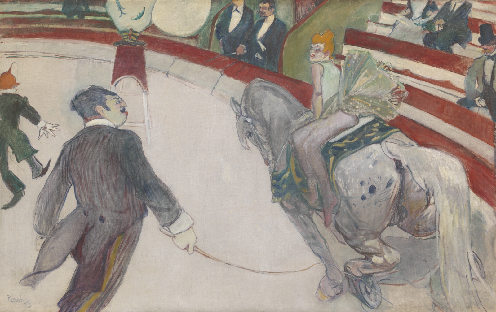 Painting of a performance inside a circus ring. A man wearing a suit holds a whip in his hand and looks towards a woman with red hair riding a gray horse and wearing a green dress. Audience members wearing suits and top hats watch from red and white benches on the side.