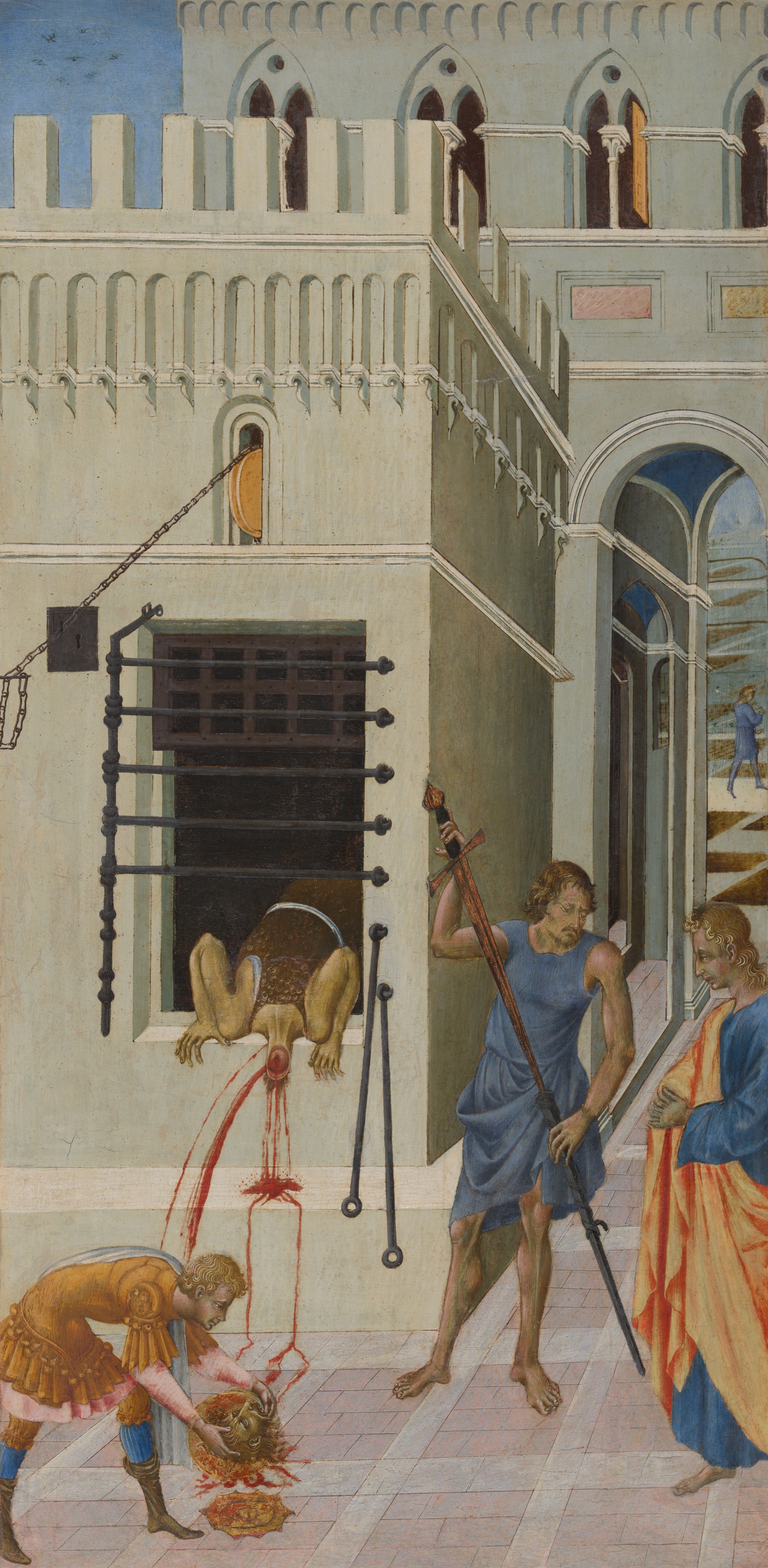 A headless figure leans out of the first-floor window of a light-colored stone building from which two iron bars have been detatched, his blood spurting to the ground. A figure bends to collect the head while another looks away to sheath a long sword. From right, a robed man beholds the guesome scene.