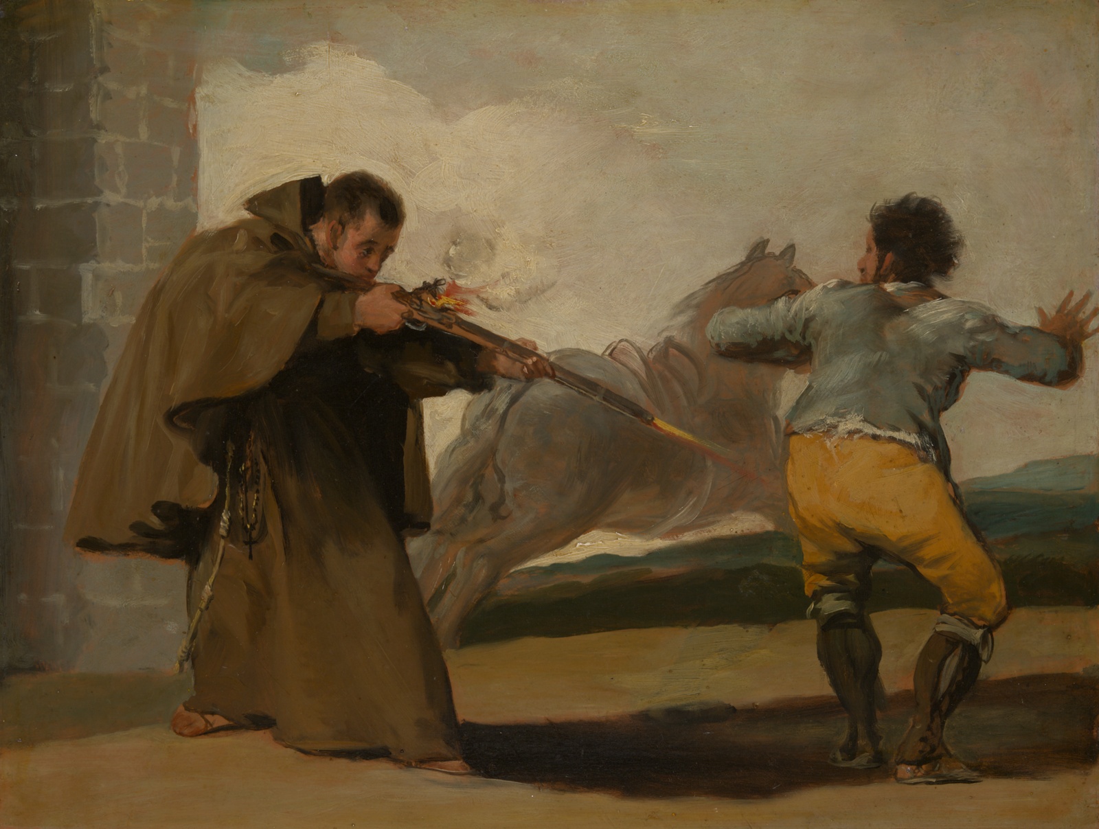 Small painting, friar shoots man with yellow pants as horse runs off.