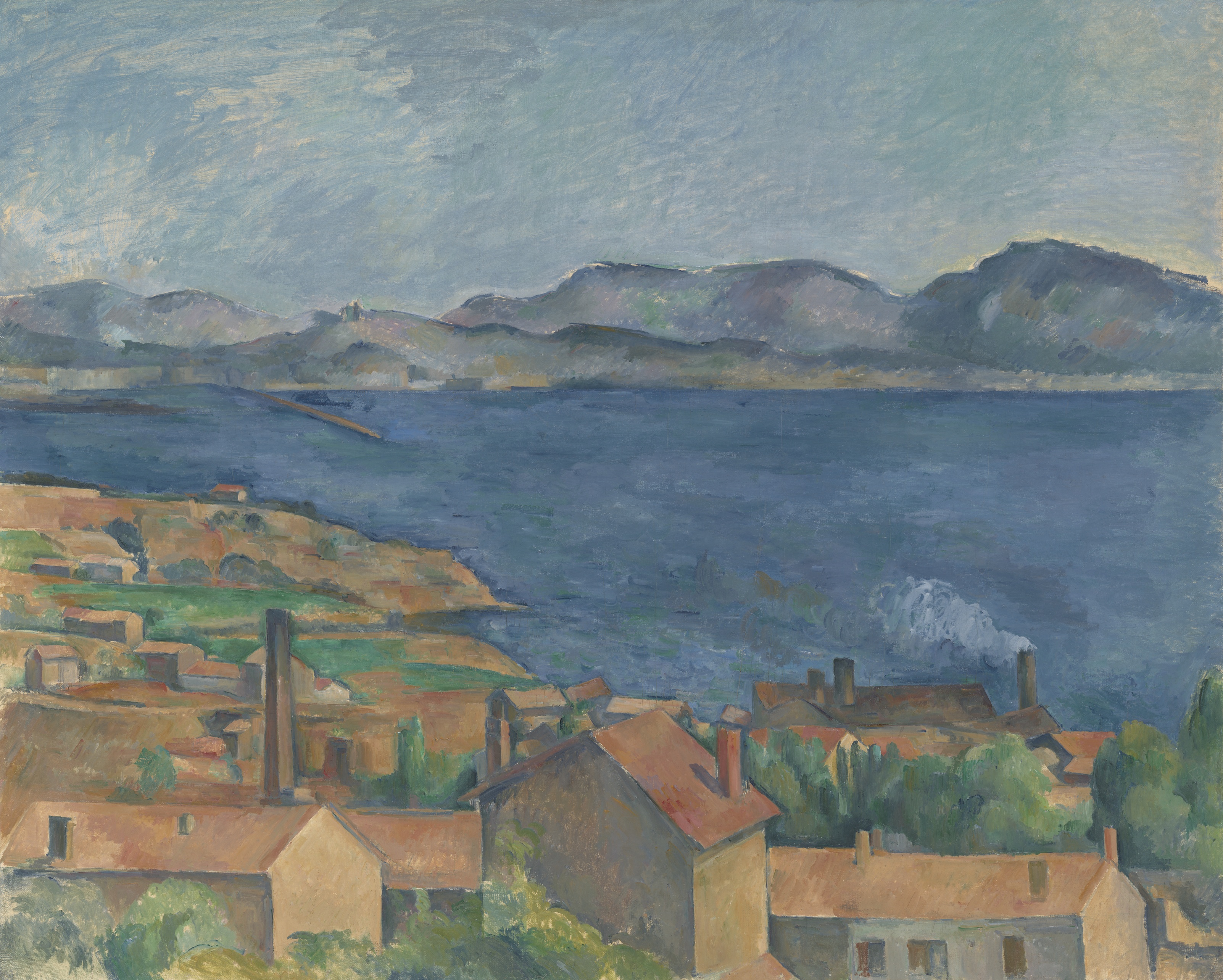Impressionist sea landscape, tan houses, blue ocean, distant mountains.