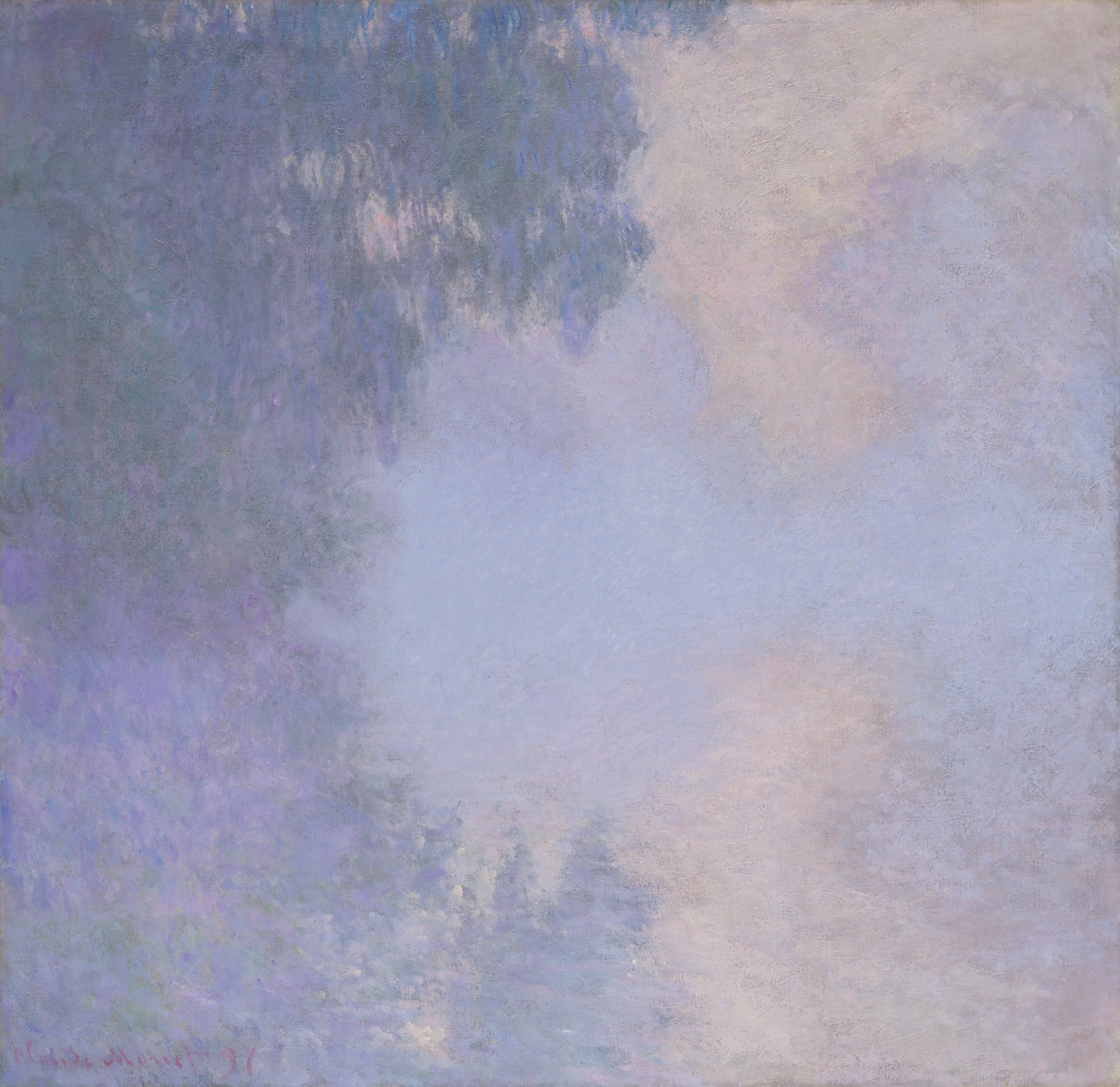 Painting of softly rendered shapes in pale blue, green, and white. A textured green mass at left resembles foliage. Blue and white cloud-like forms fill the rest of the frame.