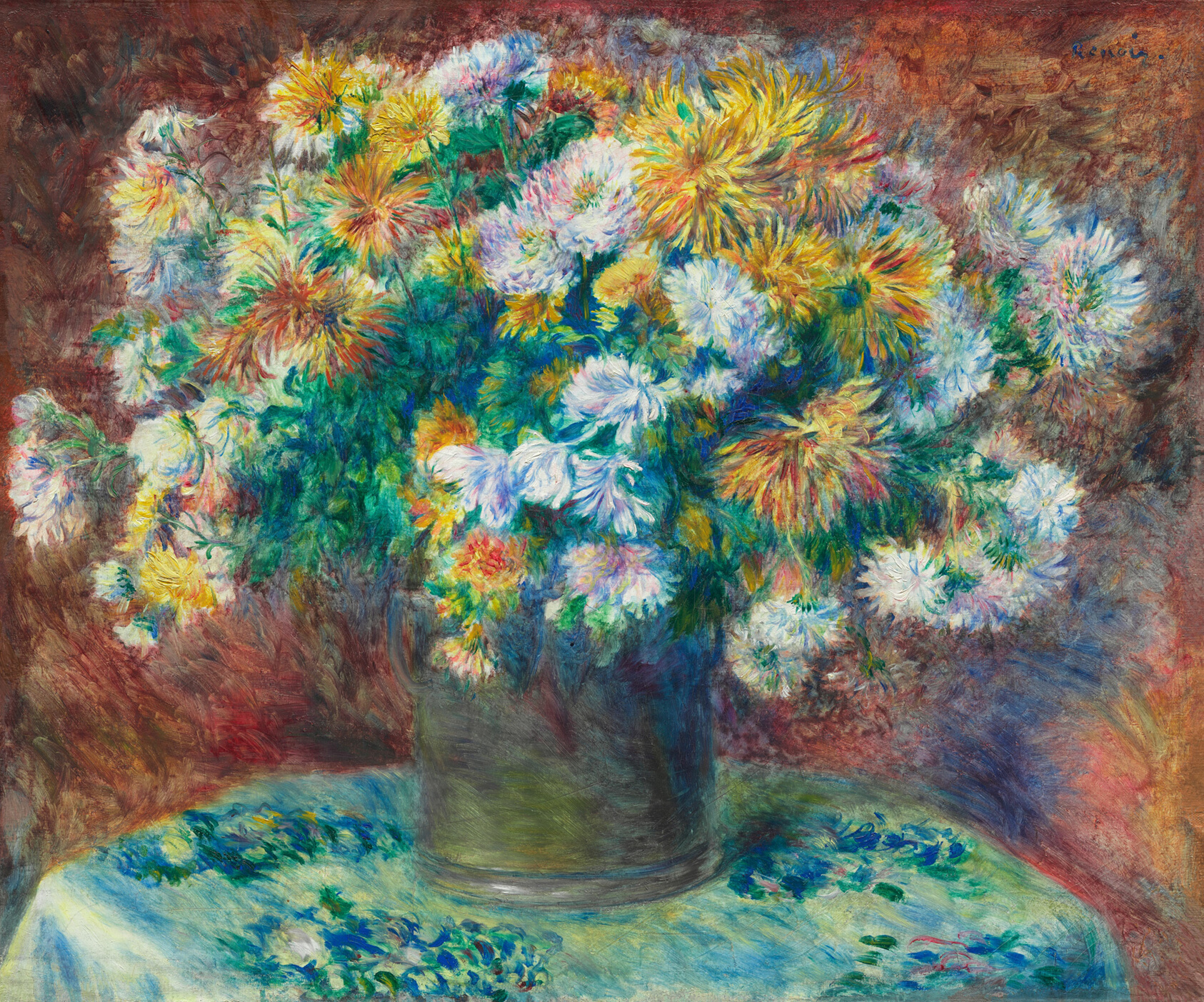 Orange, yellow, and white flowers in a brown vase on a round table, with a blue-green floral tablecloth and mottled, brownish background. Each perceived main color is made up of strokes of bright, vibrant colors—reds, blues, pinks, and purples—lending dimension to the scene.