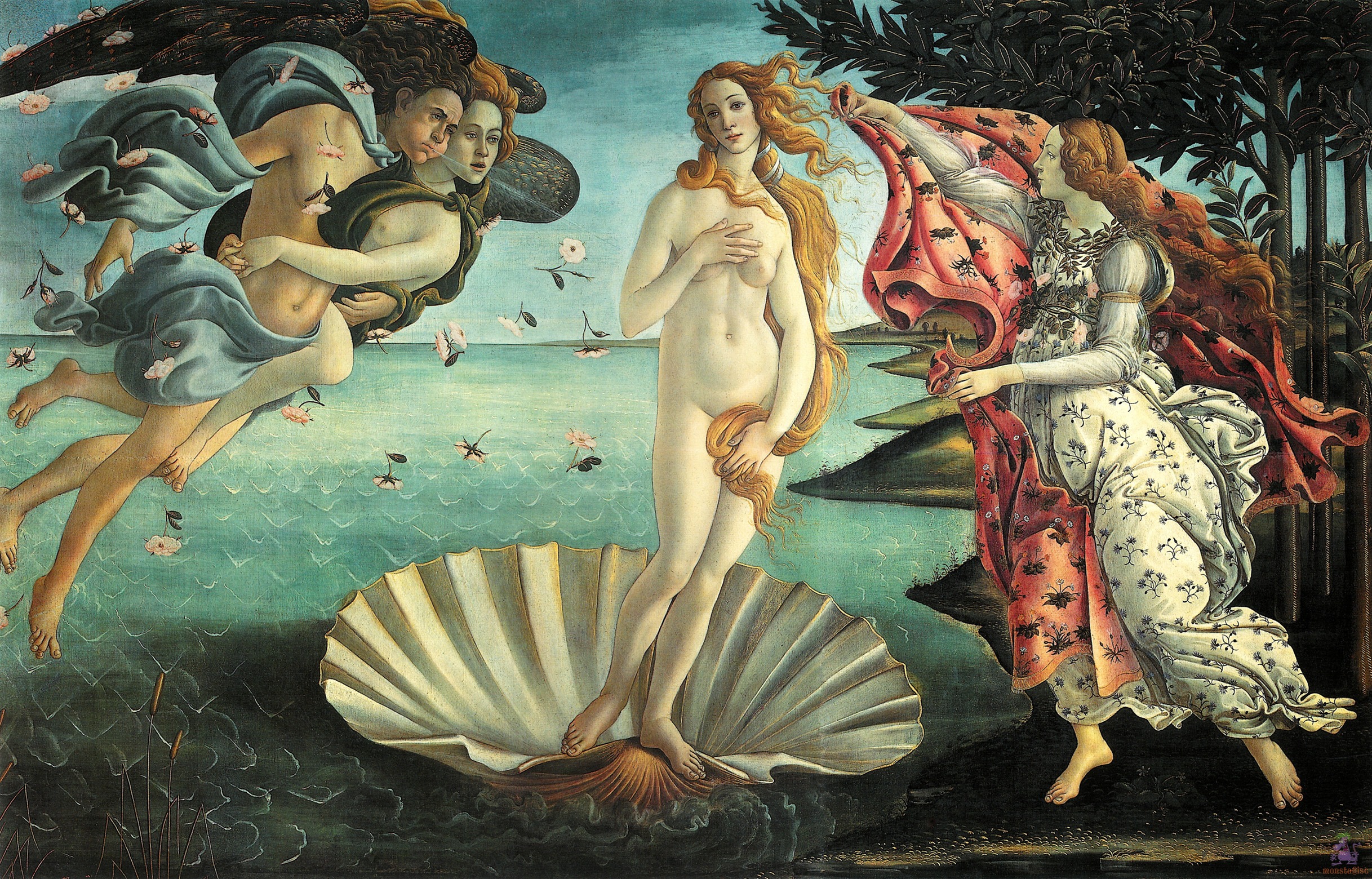 Botticelli: Venus standing on a shell, blown toward a shore where a figure offers a cloak.