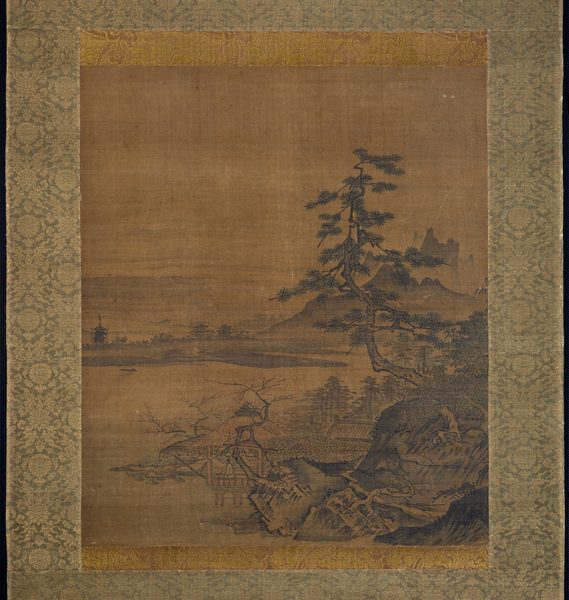 A work made of album leaf mounted as a hanging scroll; ink and light colors on silk.