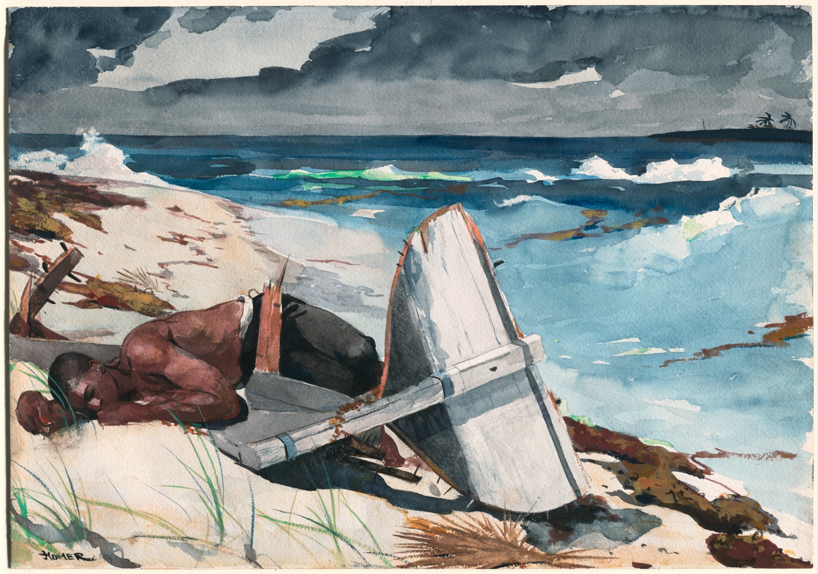 Watercolor, boat debris and dark skinned man lie on beach, dark sky in background.