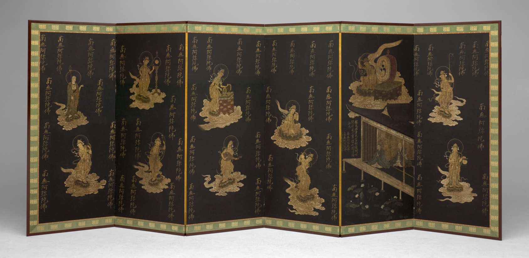A work made of six-panel screen (one of a pair); ink, colors, and gold on paper.