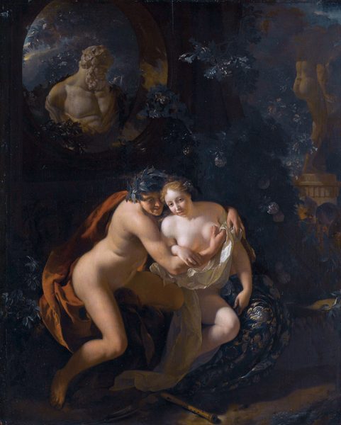 Amorous Couple in a Park Spied upon by Children. by Adriaen van der Werff