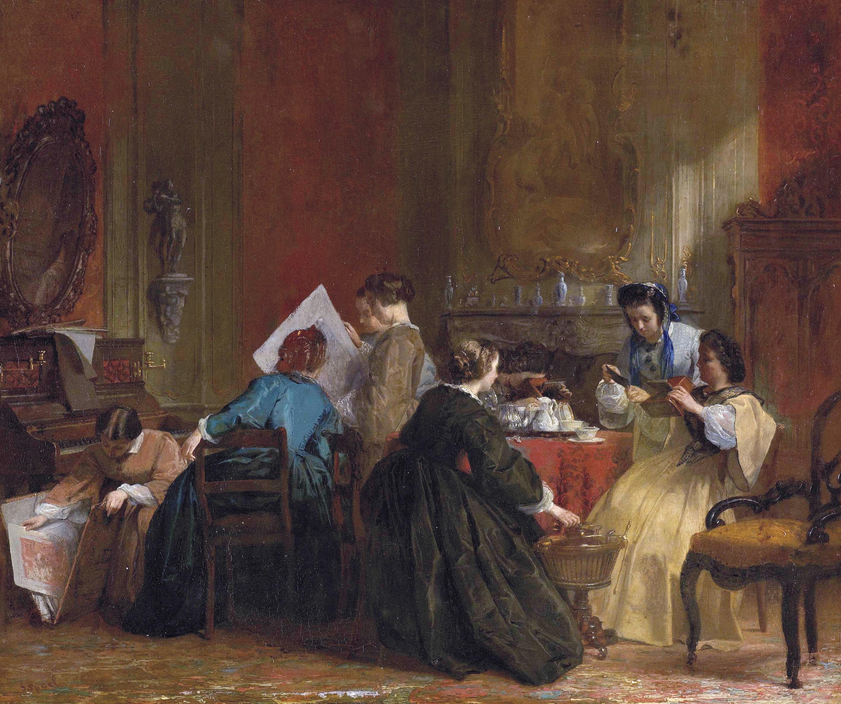 Group of Women Looking at Stereoscope Photographs by Jacob Spoel