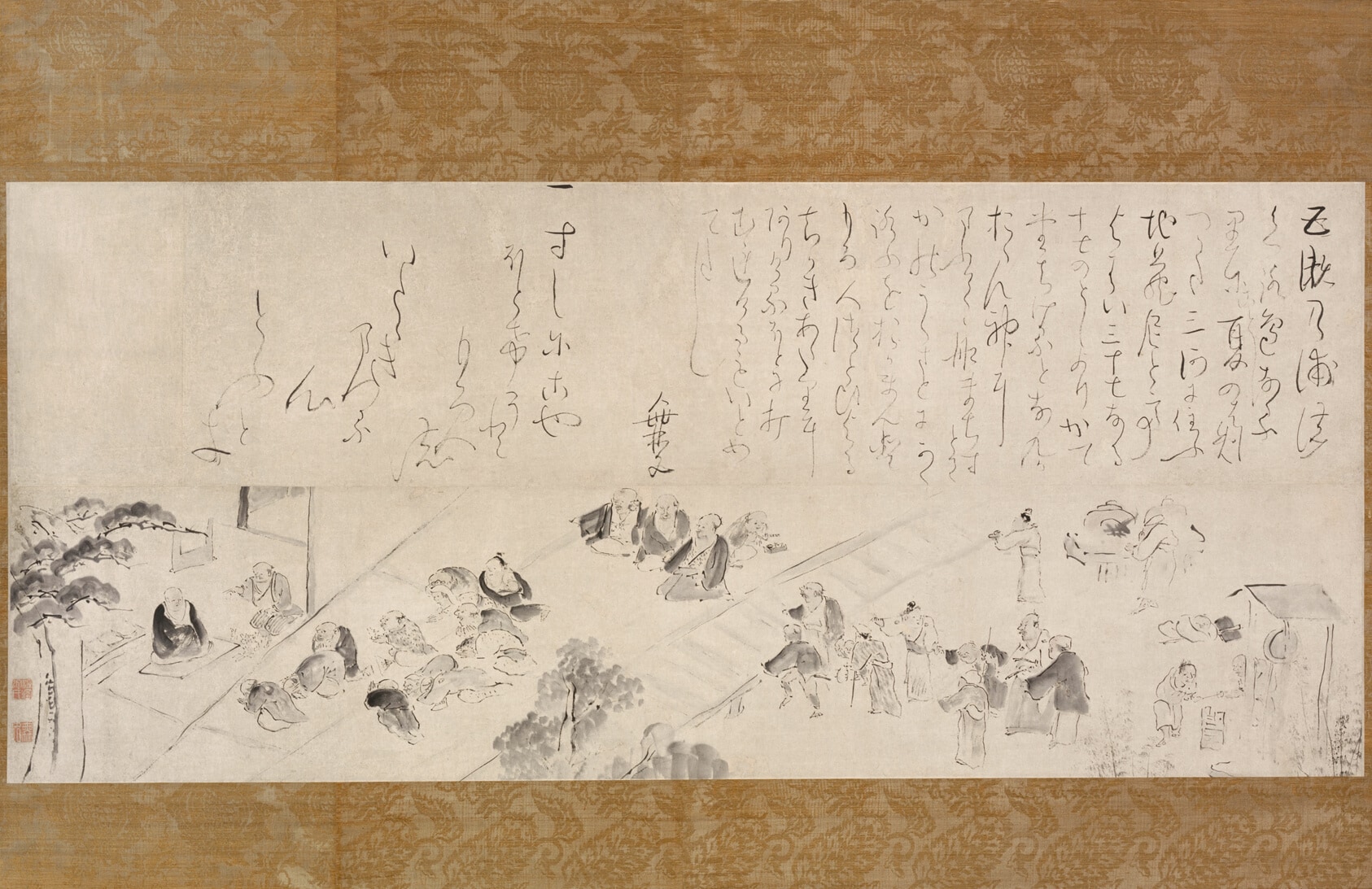 Long scroll drawing, upper half is script; lower half depicts people in courtyard.