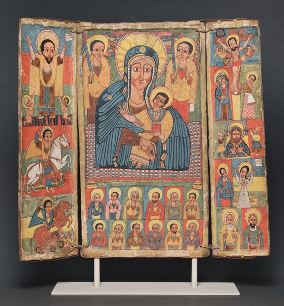 A three-part panel featuring a variety of scenes, vertically stacked and richly painted. The central panel features the Virgin Mary and and Child flanked by archangels Gabriel and Michael, twelve disciples below them in grid formation.