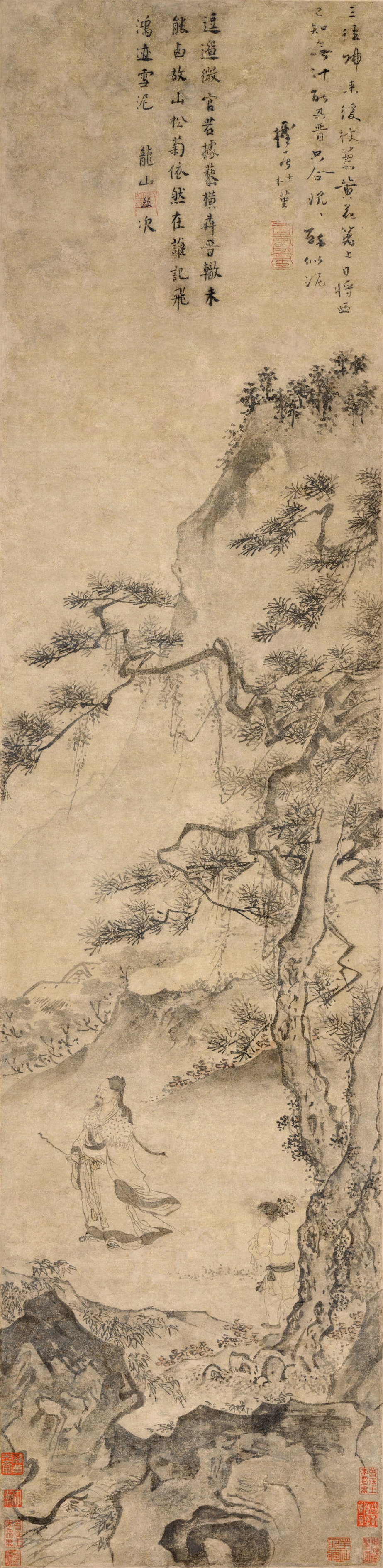 明 杜堇 陶淵明菊花圖 軸-Tao Yuanming Enjoying Chrysanthemums by Du Jin 杜堇