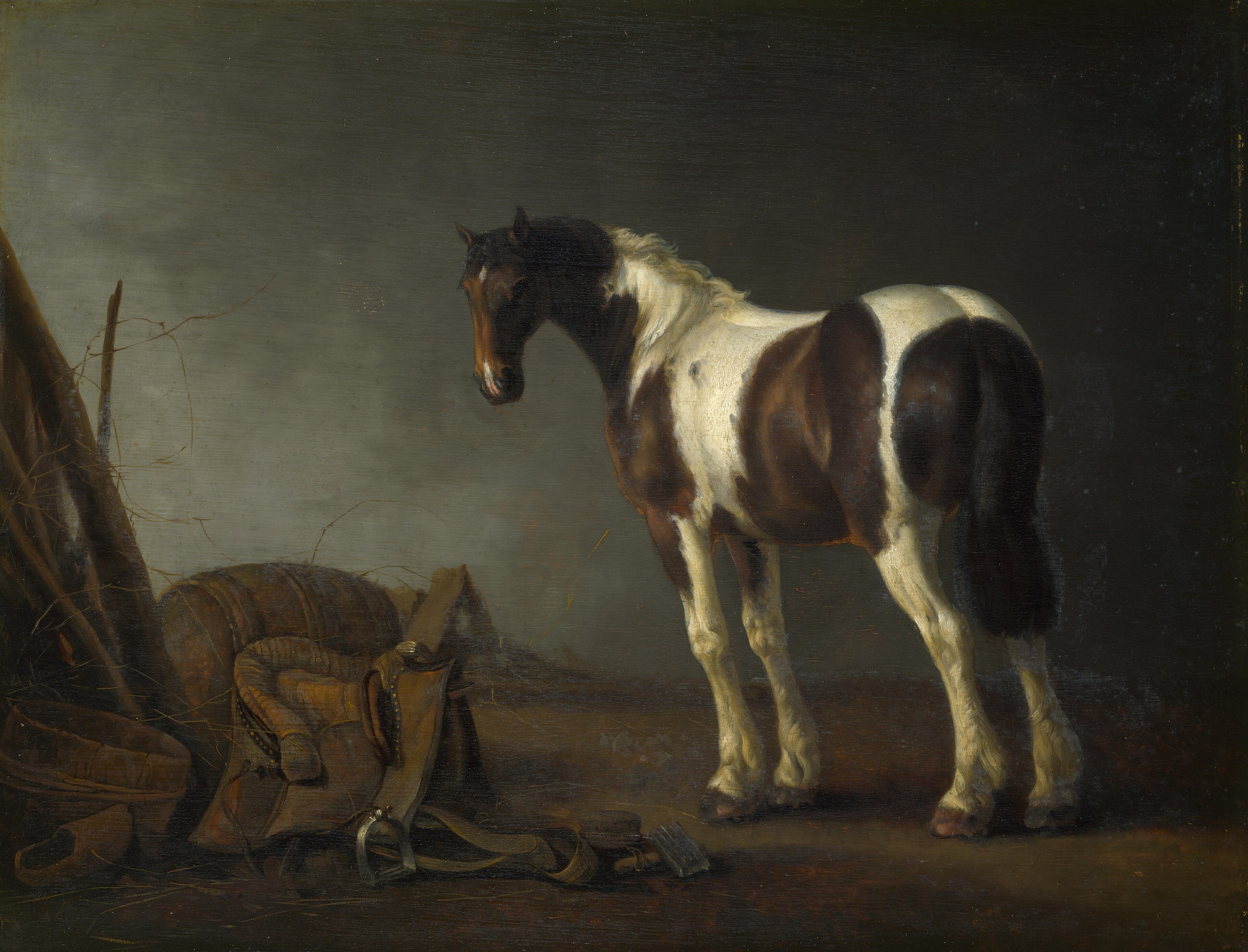 A Brown and White Skewbald Horse with a Saddle beside it. by Abraham van Calraet