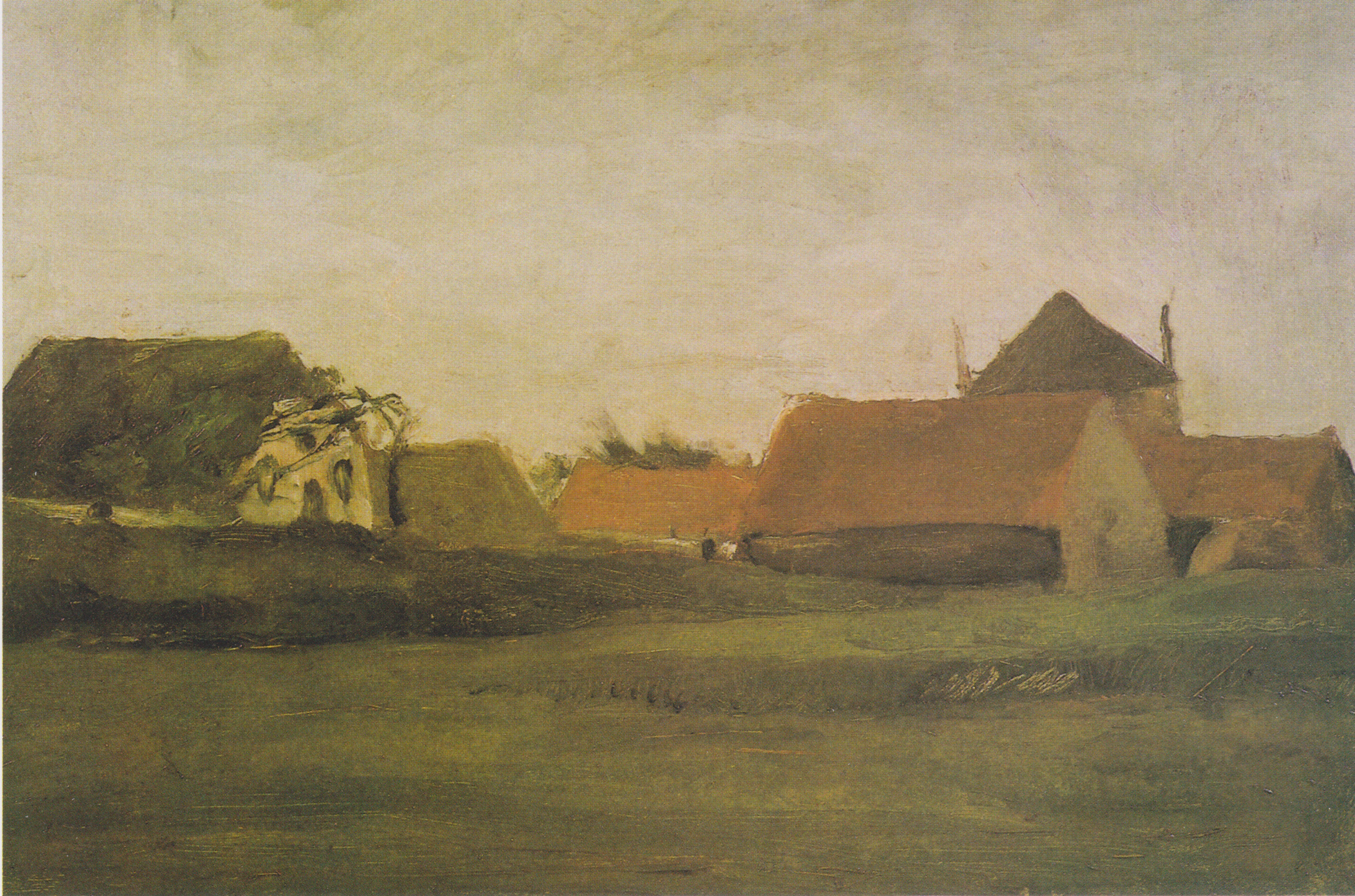 Farmhouses in Loosduinen near The Hague at Twilight, 1883-09, by Vincent van Gogh