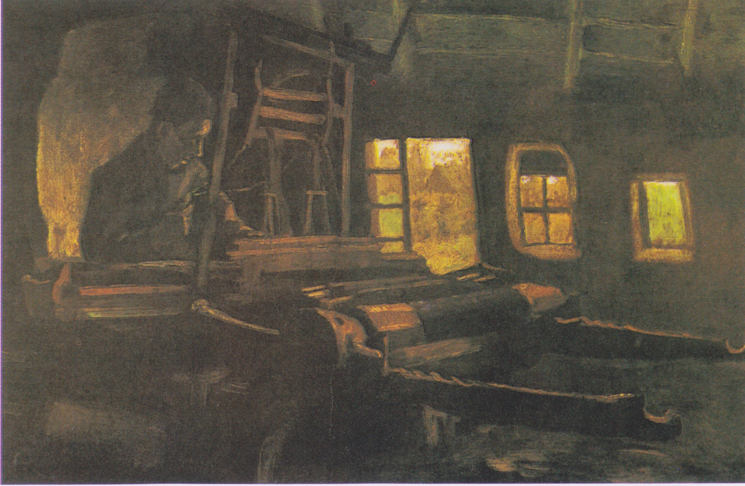 Weaver, Interior with Three Small Windows, 1884-07, by Vincent van Gogh