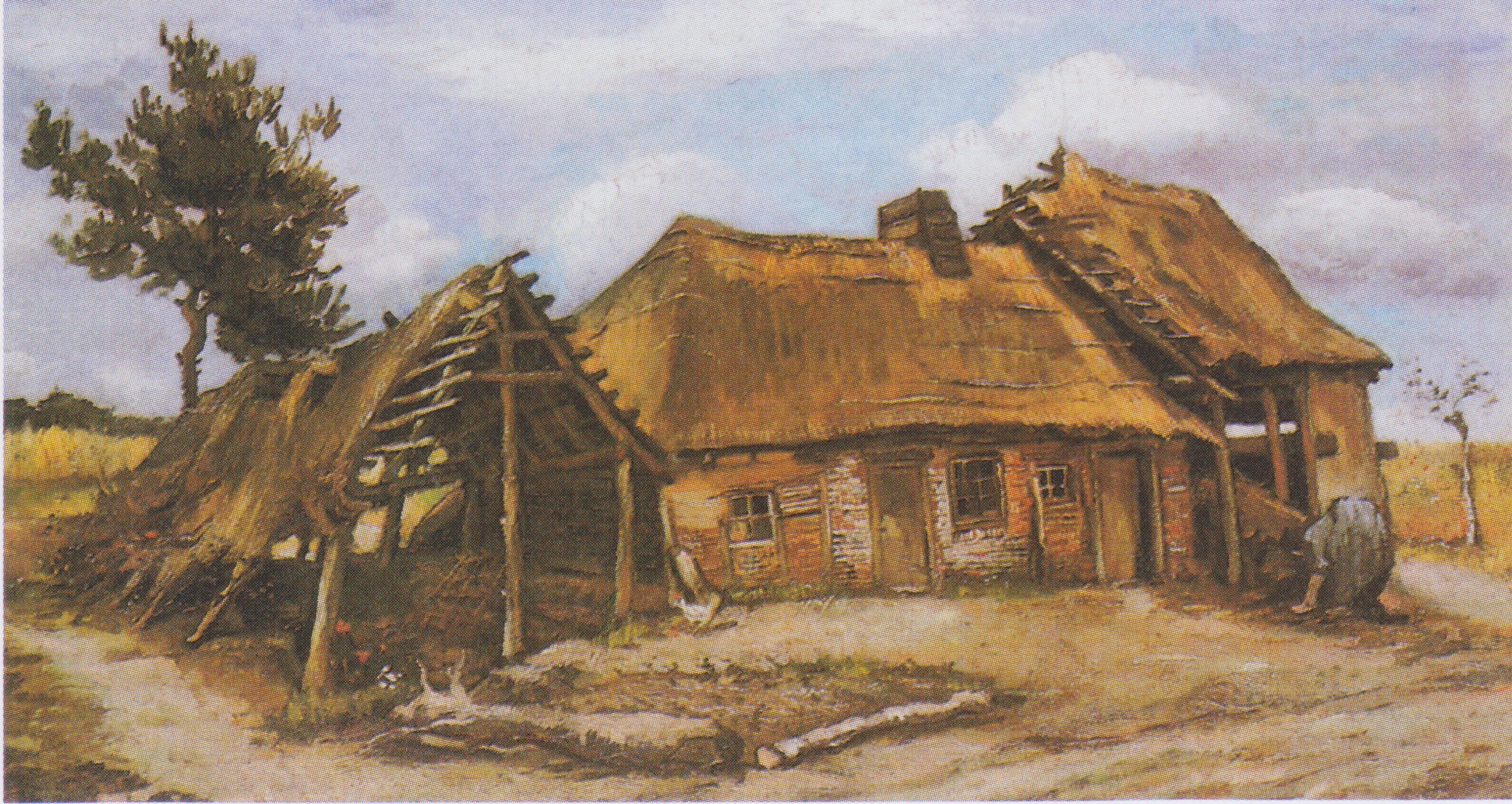Farmhouse with a Stooping Peasant-woman in a Blue Dress, 1885-07, by Vincent van Gogh