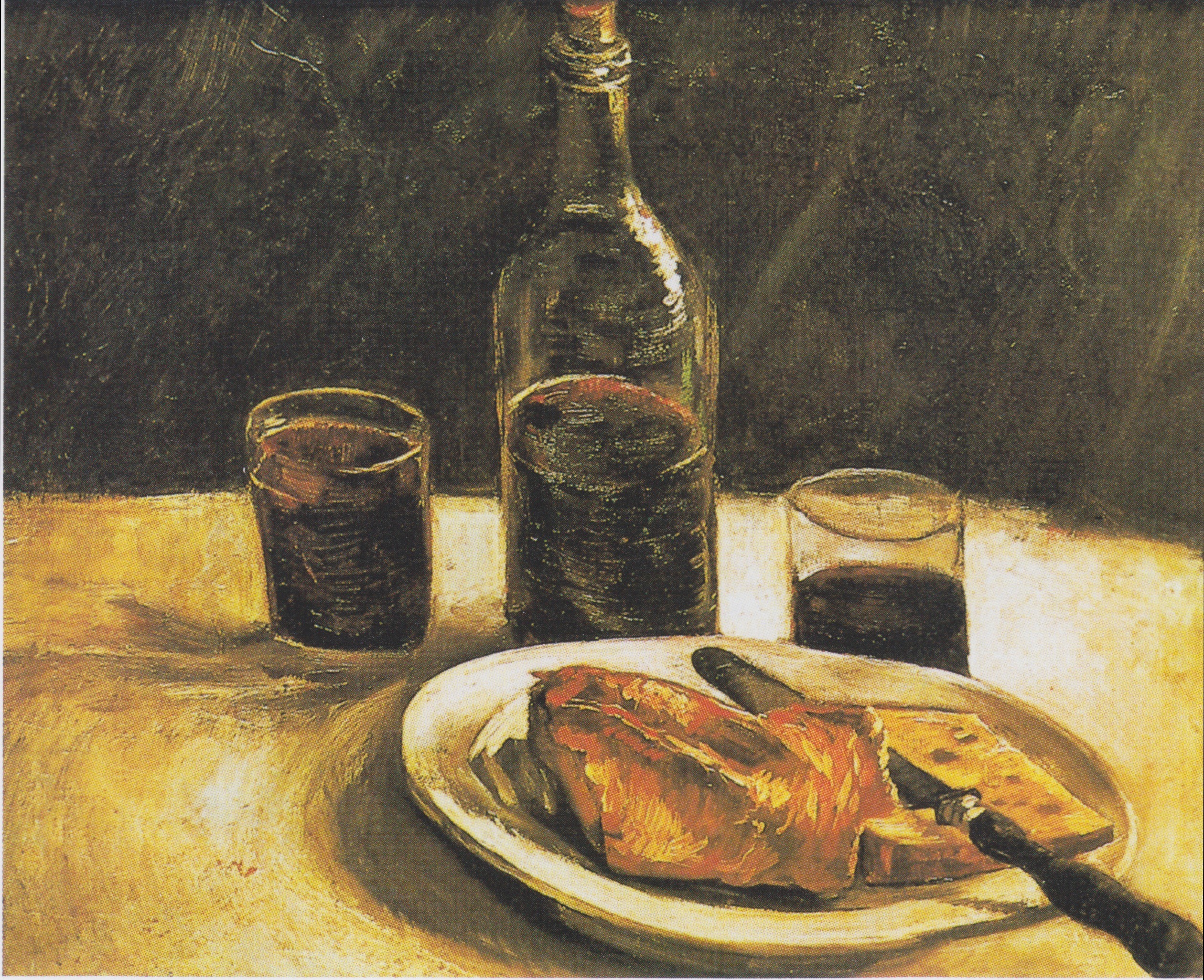 Still Life with Bottle, Two Glasses, Cheese and Bread, 1886, by Vincent van Gogh