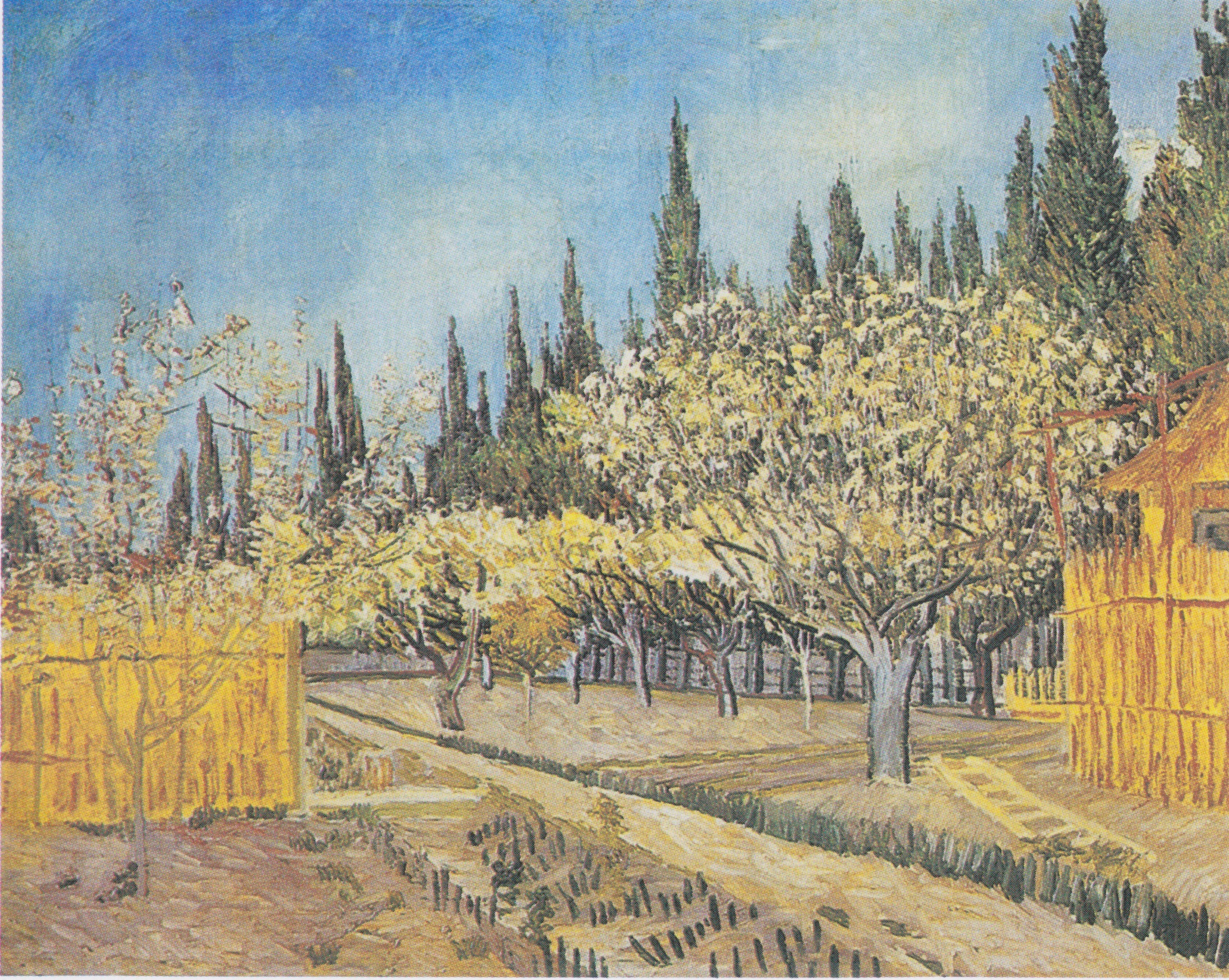 Orchard in Blossom, Bordered by Cypresses, 1888-04, by Vincent van Gogh