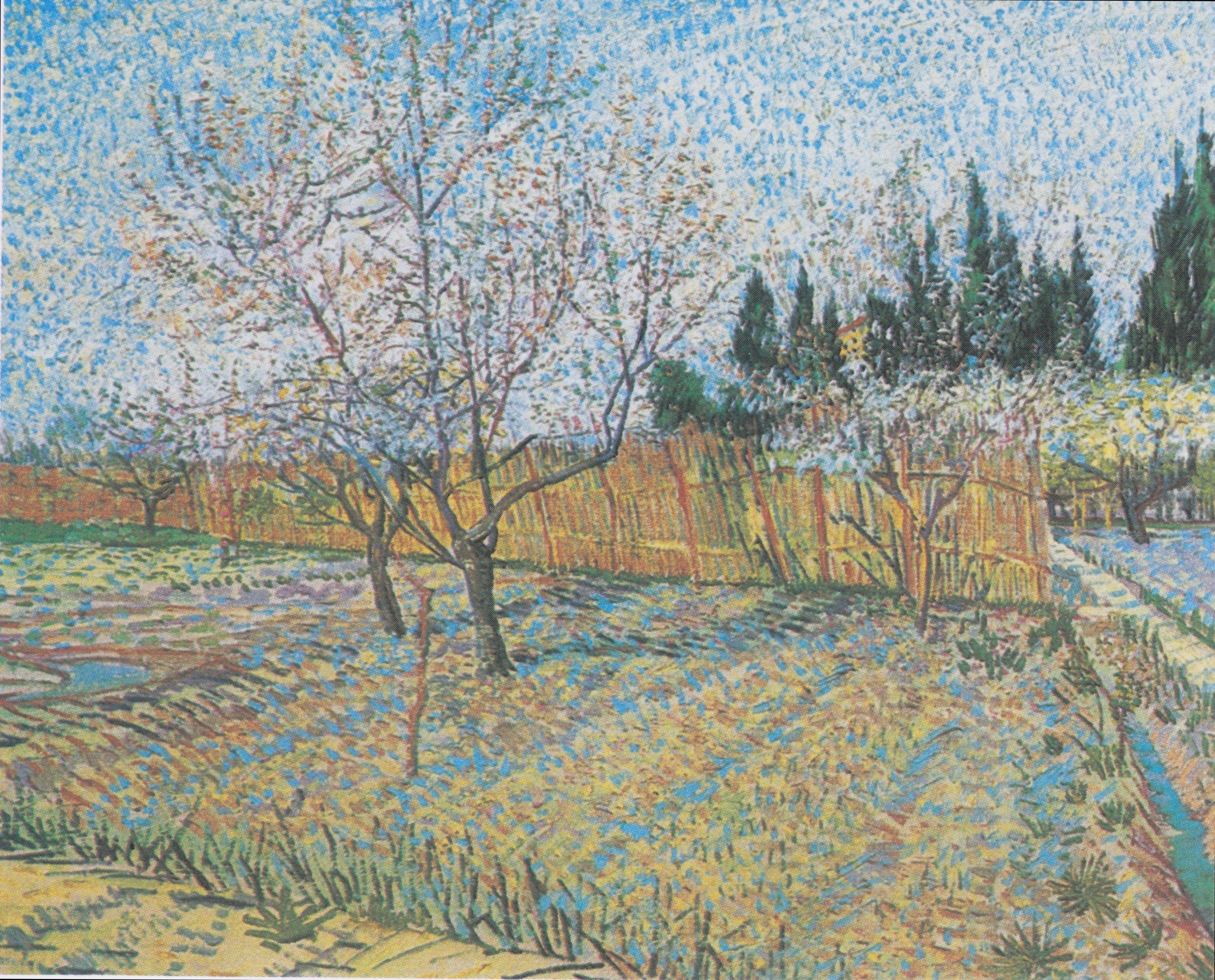 Orchard with Peach Trees in Blossom, 1888-04, by Vincent van Gogh