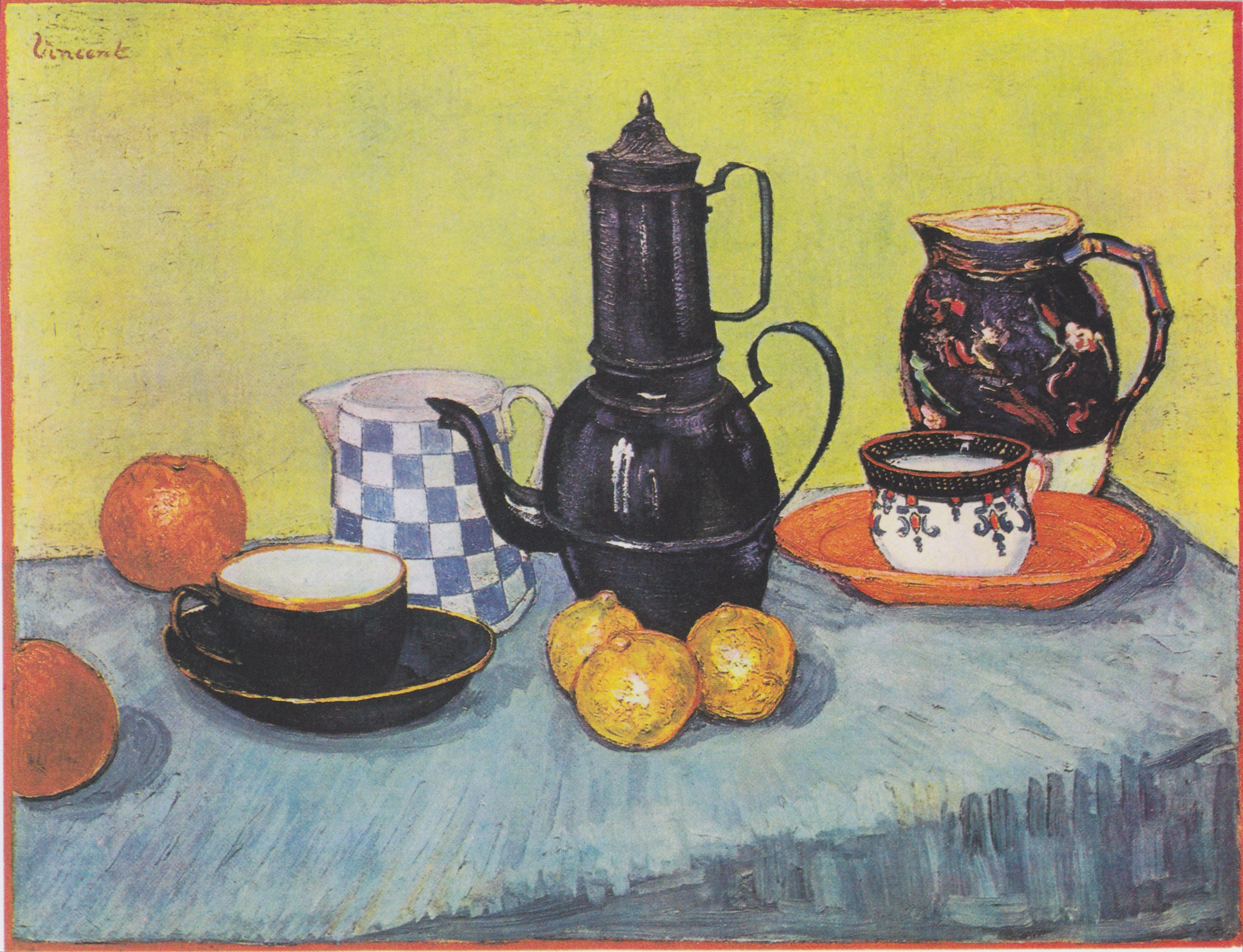 Still life with coffee pot, dishes and fruit, 1888-05, by Vincent van Gogh