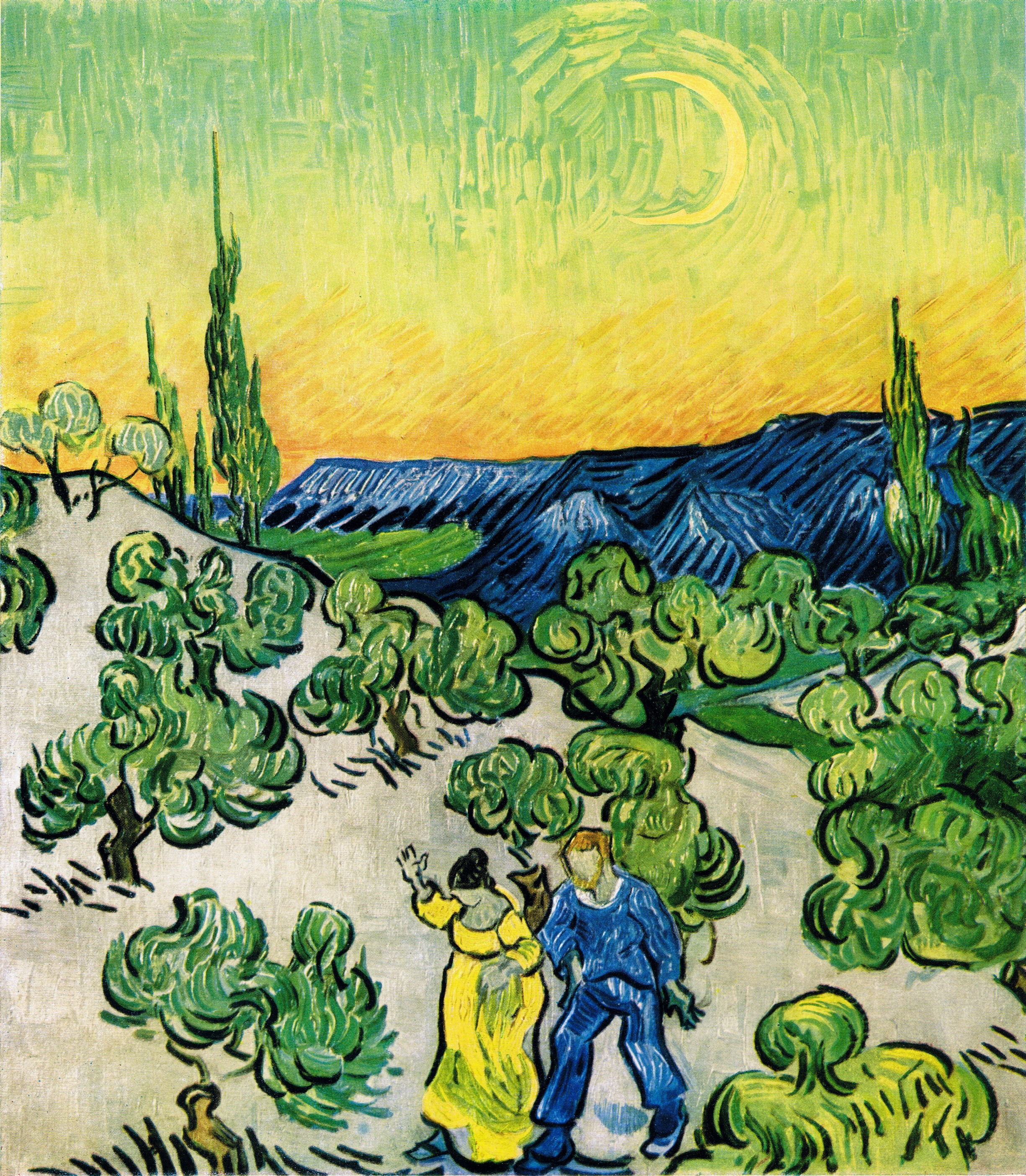 Landscape with Couple Walking and Crescent Moon, 1890-05, by Vincent van Gogh