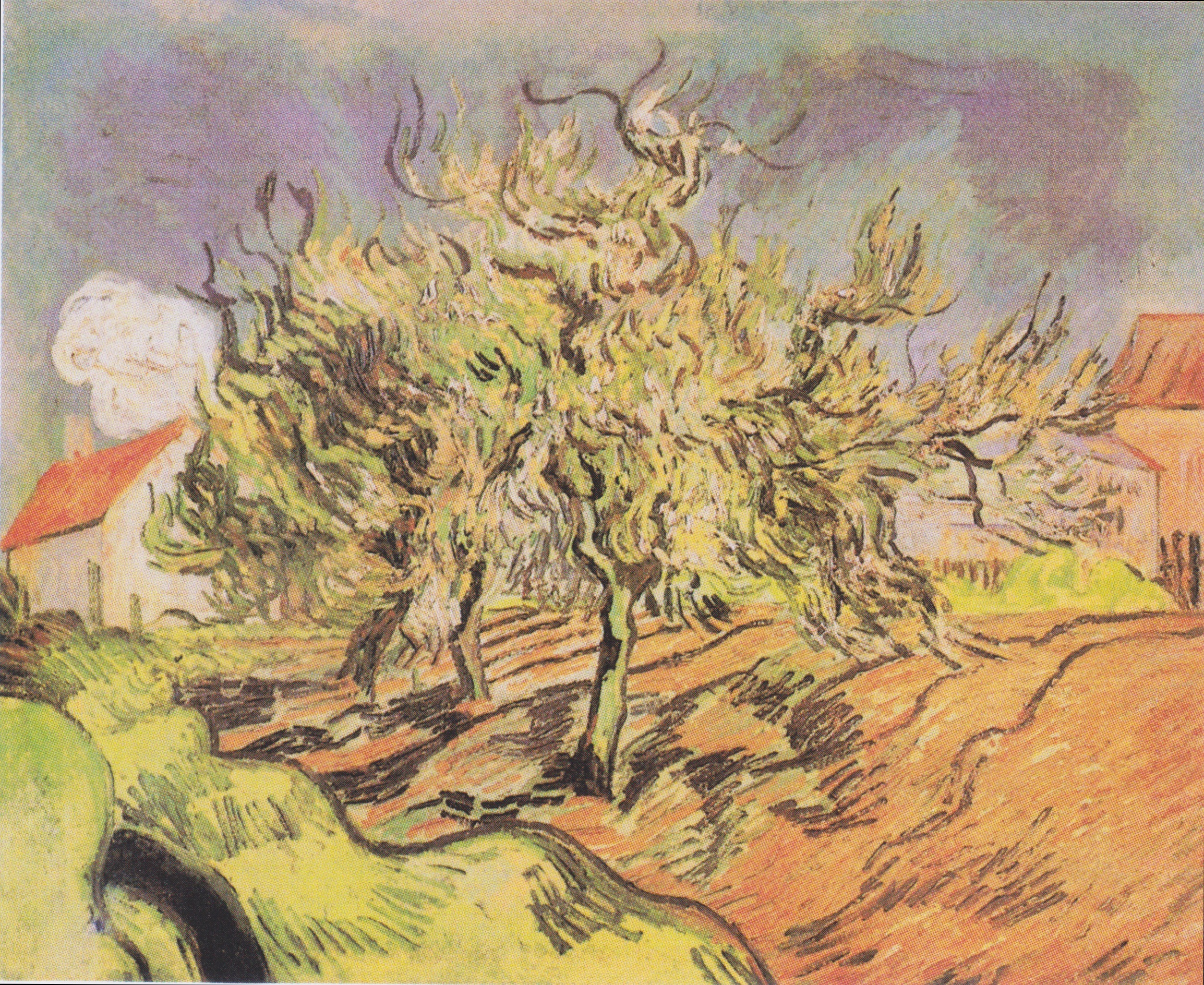 Landscape with three trees and houses, 1890-05, by Vincent van Gogh