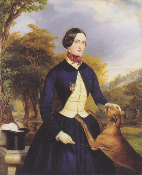 Portrait of a woman as an Amazon, with their greyhound by Ferdinand Georg Waldmüller