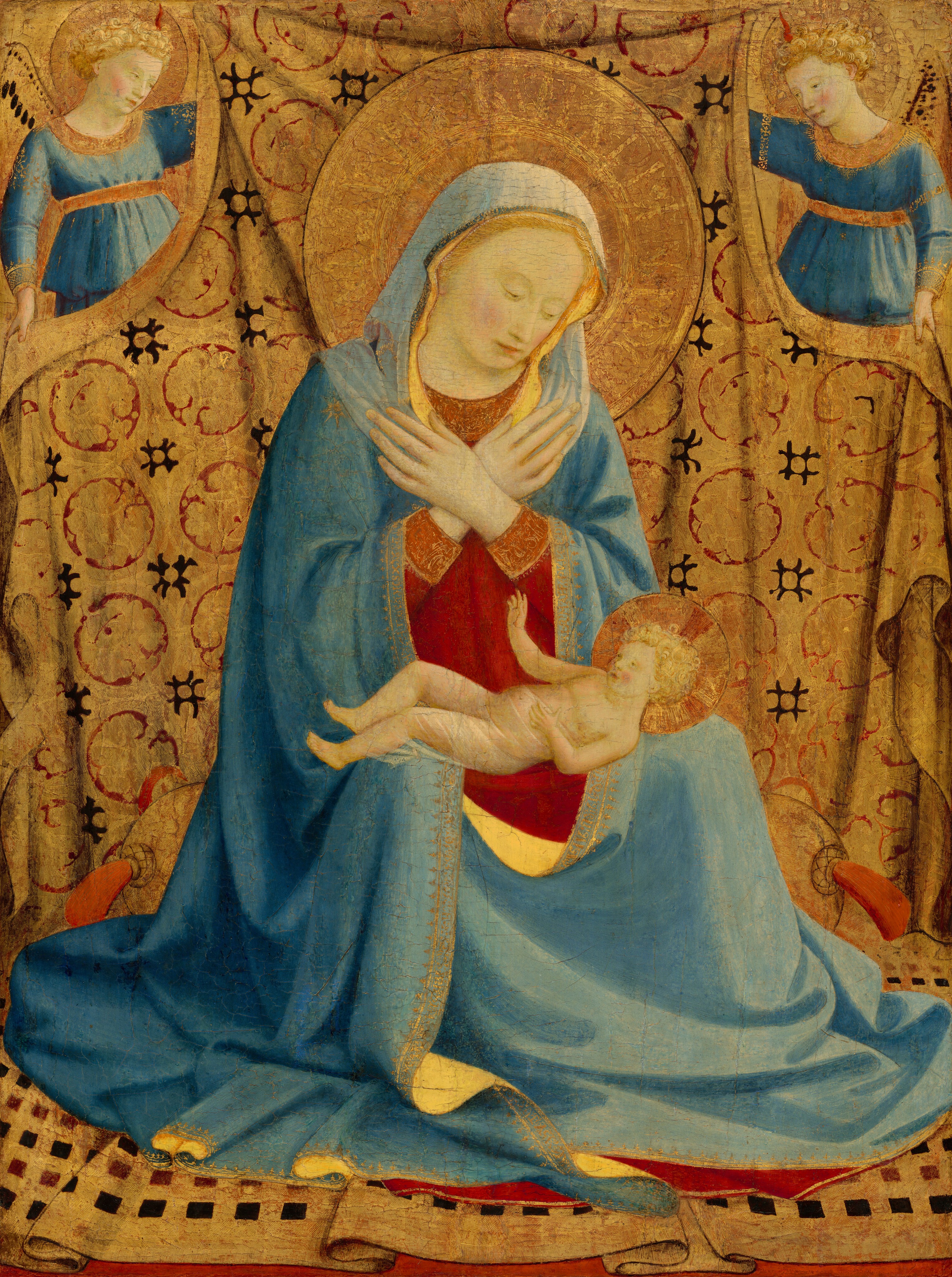 A woman sits in the center of this vertical panel painting and gazes down at a baby lying across her lap while two winged angels hold up a red, gold, and black brocade-like patterned cloth behind her. All the people have pale skin, pink cheeks, blond hair, and flat, gold halos. The woman’s body is angled slightly to our right, and she holds her hands crossed over her chest as she gazes down at the baby. The woman has a straight, pointed nose and a small, pink-lipped mouth. Her azure-blue robe covers her head and drapes over much of the crimson-red dress beneath. The edge of the robe and cuff of her dress are trimmed in gold. The baby lies with his arms slightly raised, and he looks up at the woman. His hips and legs are wrapped with sheer white cloth. The angels in the upper corners of the panel both wear robes in the same azure blue of the woman, and the garments have a gold band around the high waist and gold around the neckline. They look at the woman and hold up the cloth that falls behind and under her and the baby.
