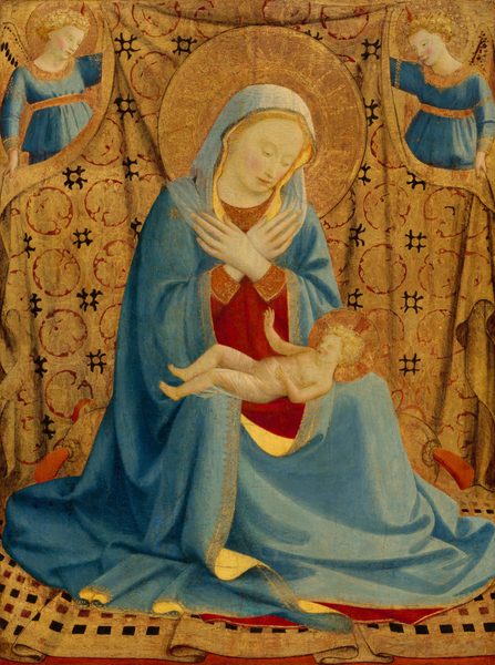 A woman sits in the center of this vertical panel painting and gazes down at a baby lying across her lap while two winged angels hold up a red, gold, and black brocade-like patterned cloth behind her. All the people have pale skin, pink cheeks, blond hair, and flat, gold halos. The woman’s body is angled slightly to our right, and she holds her hands crossed over her chest as she gazes down at the baby. The woman has a straight, pointed nose and a small, pink-lipped mouth. Her azure-blue robe covers her head and drapes over much of the crimson-red dress beneath. The edge of the robe and cuff of her dress are trimmed in gold. The baby lies with his arms slightly raised, and he looks up at the woman. His hips and legs are wrapped with sheer white cloth. The angels in the upper corners of the panel both wear robes in the same azure blue of the woman, and the garments have a gold band around the high waist and gold around the neckline. They look at the woman and hold up the cloth that falls behind and under her and the baby.
