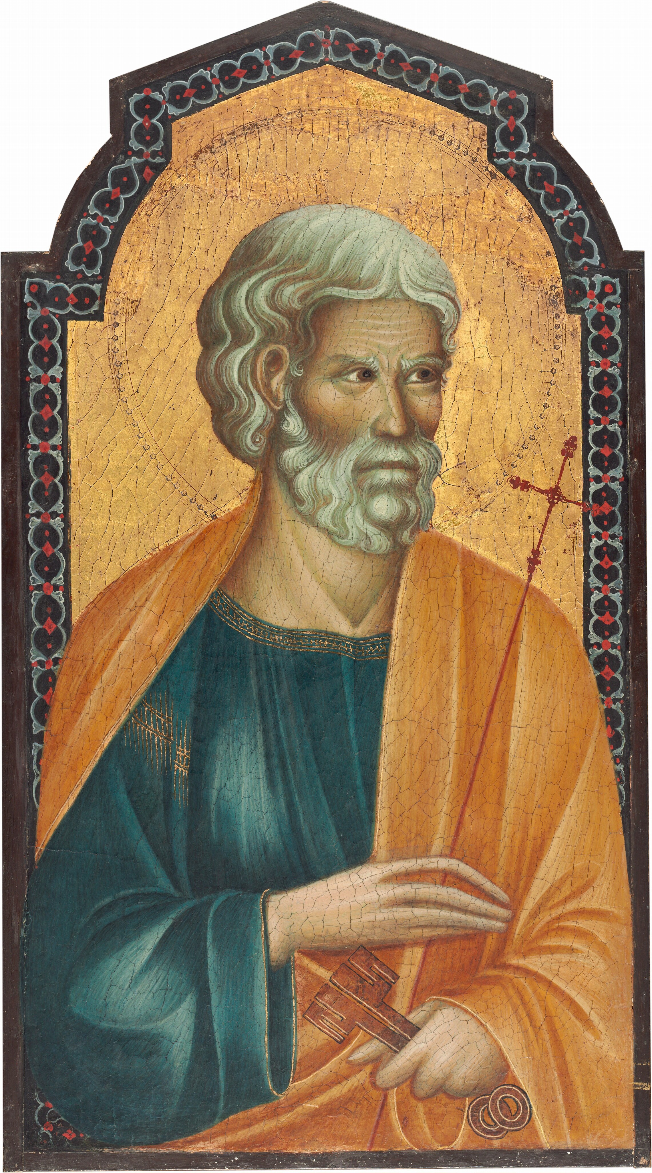 This painting depicts a man with light skin, white hair, and a white beard wearing an orange cloth draped over a dark-blue garment with gold embroidery around the shoulder and neckline. He holds two large red keys in his left hand, and a thin, red, cross-topped rod in his right hand. There is a faint outline of a halo around the man's head, which is slightly turned to the right. The background is gold, enclosed within a red, white, and black patterned border.