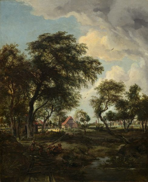 We look across a stream and through a loose screen of shadowy trees at a sunlit farm under a powder-blue sky with towering, puffy clouds in this vertical landscape painting. The ground and stream closest to us are painted in tones of olive green, sepia and earth brown, black, and slate gray. Nearly lost in shadow, a group of six people gathers at the water’s edge in the lower left. Small in scale within the composition, they wear brick-red, gray, or caramel-brown garments. Beyond them, a low picket fence winds through and between a loose band of shadowy trees, which are painted with gnarled, dark gray trunks and camel-brown, sage, and pine-green leaves. The trees to our left are closer and taller, while those to our right are a little farther away. The sun pours from the upper left into the field beyond. The farm buildings there have tan walls and sloping, peach-colored roofs. A few animals and people, smaller than the group in front, stand among the buildings, and more cottages can be glimpsed through a stand of trees on our right. The horizon line comes about a third of the way up the composition, and a church and steeple are silhouetted against the sky in the deep distance. A few birds fly in front of gray and white clouds that rise from the right side and spread across the top of the canvas.