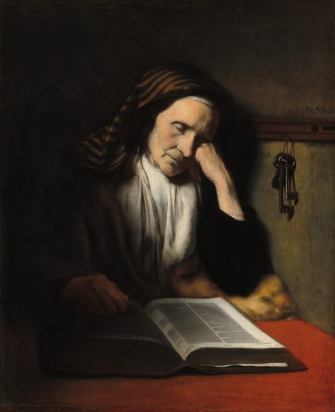 Shown from the waist up on the other side of a strawberry-red table, an elderly, pale-skinned woman sits facing us, sleeping with her head propped on her hand in this vertical painting. She is brightly lit from our upper left, which creates deep shadows across her face, and behind and around her. The woman rests her cheek against her closed left fist, to our right. That elbow is propped on a gold and amber-yellow cushion tucked into the corner where the table meets the wall to our right. Her brows are slightly furrowed over deep-set eyes. She has loose jowls, thin lips, and wrinkles line the corners of her eyes and her mouth. Almost lost in shadow, her other hand rests on the large book lying open before her. She wears a black coat draped over a parchment-white garment. Her hair is covered by a ginger-brown and black striped veil that hangs to her shoulders. Three iron-gray keys hang from a rail running across the wall next to her at head height. The wall is sage green and mustard yellow in the light, and the corners and left edge are swallowed in shadow. The artist signed the painting in capital letters on the right, just above the rail, “N. Maes.”
