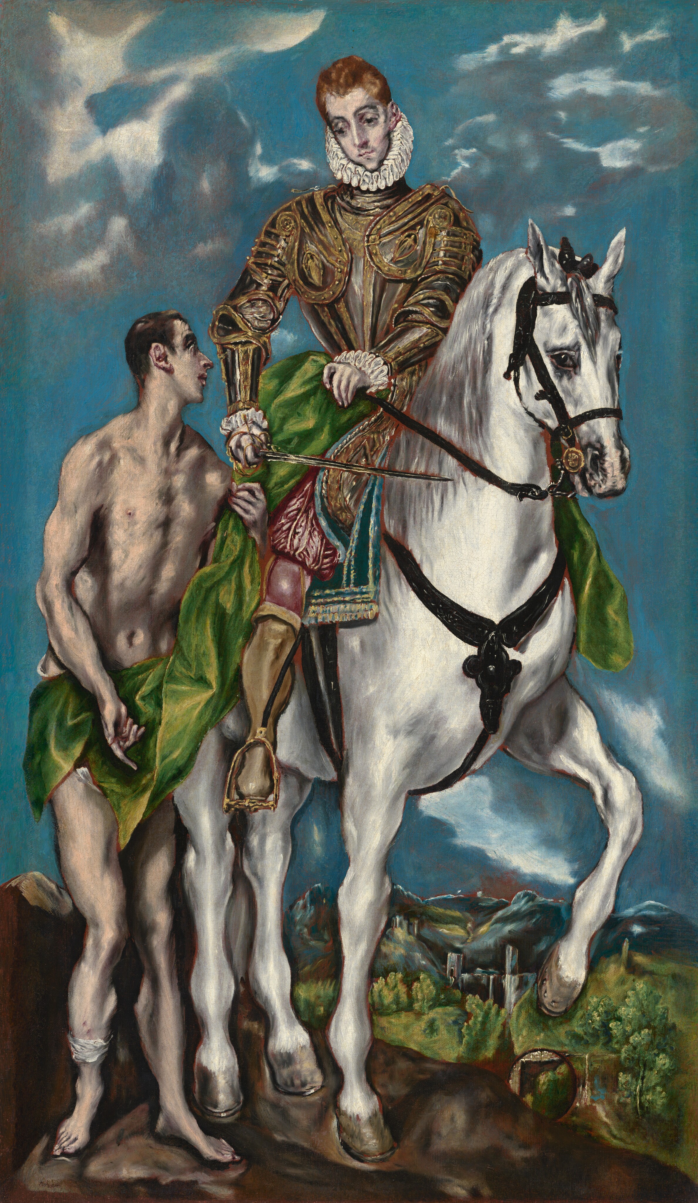 A nearly nude man with peachy skin stands next to and looks up at a man with ashen, ivory-colored skin, wearing armor and riding a bright white horse in this vertical painting. The horizon line comes less than a quarter of the way up the composition, and the sky behind the men and horse is vivid, aqua blue with a few silvery-gray and pale, yellow clouds floating along the top edge of the composition. The painting is created with long, blended brushstrokes, and the limbs and features of the two men and horse are elongated and have delicate, dark outlines. The horse’s body is angled to our right but it looks at us from the corners of its dark eyes. One front leg is raised. The rider looks down toward the man on foot at his side, to our left. The rider has dark, arched eyebrows, a long, straight nose, a pointed chin, and short, copper-orange hair. Wide ruffs pleated into figure-eights encircle his neck and wrists. His chest and arms are covered with plates of steel-gray armor edged and decorated with gold bands and medallions. He wears crimson-red pantaloons and stockings with mustard-yellow boots. With his right hand, to our left, he holds the gold hilt of a long, thin sword along the horse’s body. With his other hand, he holds a swath of lime-green fabric, which drapes down the side of the horse and across the hips of the man standing next to the rider. The sheen of the fabric is suggested with canary-yellow highlights where it catches the light. The standing man has short, dark brown hair and eyebrows. He looks to our right in profile, toward the rider, with pink lips parted. He holds the green fabric with his left hand, to our right, and he has a bandage around his leg near his right ankle. The horse and man stand on a spit of dark brown land, with a landscape of trees, buildings, and mountains deep in the distance beyond.