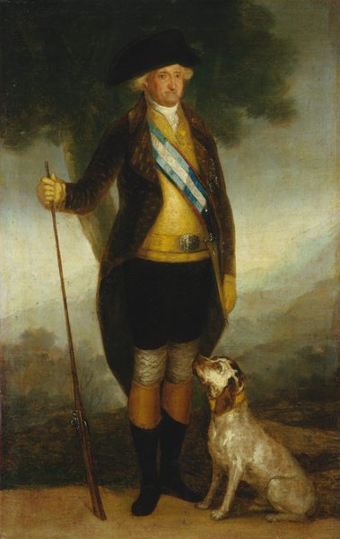 This painting shows a man standing upright, his body slightly turned to the right. He has pale skin and curled white hair under a large black hat, and he wears a long brown jacket over a yellow vest with a white ruffled neck and a wide blue-and-white striped sash over his torso. His pants are black, and he wears tall black boots with brown tops. His hands are covered by yellow gloves, and he is holding a tall, thin rifle on the left, its bottom on the ground. Next to him on the right is a white dog with brown spots and large brown ears. The dog is sitting, looking up at the man. The background features an outdoor setting, with a landscape of hazy hills in shades of pale green and blue below a white and gray sky. There is a tall, dark green tree behind the man, and the ground he stands on is brown.