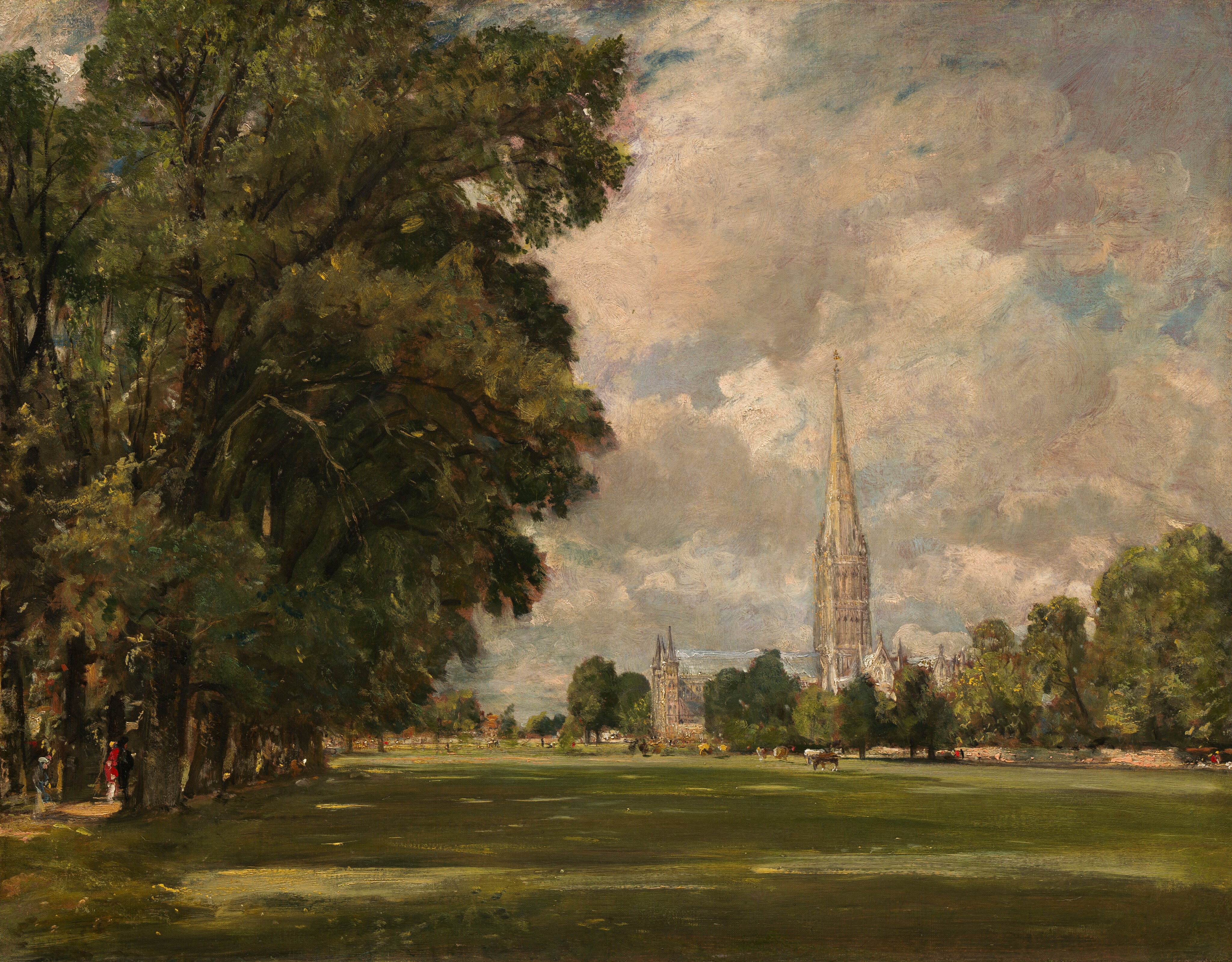 We look across an expanse of a flat, grassy lawn at the towering spire of a stone church outlined against billowing clouds in this horizontal landscape painting. The lawn is dappled with light filtering through a line of trees with thick, green canopies to our left. The trees take up almost the left half of the composition, and they line a dirt path where three people walk. Tiny in scale, the people are painted with strokes of slate blue, red, white, and black. A few animals, perhaps cows, graze on the lawn near more trees on the far side of the green. Beyond the trees, the church sits on the horizon, which comes about a quarter of the way up the composition. Minuscule touches of yellow, black, and red may suggest more people in the deep distance. The pale blue sky is nearly filled with puffy parchment-white and mauve-tinged clouds.
