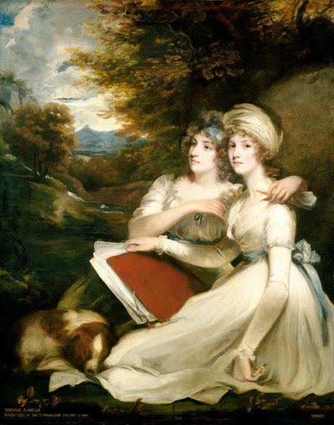 In this painting, two young women are depicted sitting closely together. They are positioned side by side, with the woman on the left slightly leaning against the other woman and looking to the right, while the woman on the right looks out at us. Both women have pale skin and light eyes, and they wear neutral expressions. The woman on the left has curly brown-and-gray hair adorned with a light blue ribbon, while the woman on the right has her blonde hair styled under a cream-colored bonnet. Both are dressed in elegant, high-waisted white gowns tied at the waist with pale blue sashes. The woman on the left has her arm around the other woman's shoulders, and she holds a paper scroll in one hand. The woman on the right holds a large red folder filled with several white papers in her right hand, and she holds something small and gold in her other hand. On the left, a sleeping brown-and-white dog rests at their feet, nestled into the fabric of the women's skirts. Tall, dark trees are behind the women in the upper right corner, while the background in the upper left corner showcases a serene, hilly landscape featuring olive-green foliage and a distant view of a tall blue mountain under a partly cloudy light blue sky.