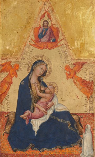 A woman sitting on the floor and cradling a nursing baby in her lap is flanked by two winged angels and a kneeling woman, beneath a bearded man supported on a third angel in this vertical painting. The seated woman, Mary, and the infant, Jesus, have pale, peachy skin, blond hair, and hazel eyes. Mary sits facing us on a long cushion on the floor with her body angled to our right, taking up about half the height of the composition. Her round face is tilted to our right as she gazes up under faint brows. Her marine-blue mantle is trimmed with gold and has a star on her right shoulder, to our left. The mantle covers most of her head and wraps around her tan and bronze-brown robe. The baby swaddled in a rose-pink cloth and reaches for her exposed left breast, which emerges from a place near her shoulder. Jesus lies across a white cloth that also drapes over her left arm. His head is turned slightly away from her breast as he looks up and to our left while his left arm reaches toward the neck of her dress. He has adult-like facial features but a pudgy body, and his ankles are crossed with the toes of his bottom foot flexed. Two winged angels floating to each side are smaller in scale, and are painted entirely in pumpkin orange. They face in toward Mary and Jesus, and wear long, flowing garments. The angel to our left crosses arms over the chest, and the angel to our right holds hands up in prayer. A third orange angel floats above them, seen head-on, gazing down. Above it is the torso of a young man with brown hair and beard, wearing a rose-pink cloak over a peacock-blue robe. He faces us with one hand held up, index and middle finger extended. He holds a closed book the same color blue as his robe in his other hand. Mary, Jesus, the bearded man, and the angels all have halos incised into the gold background, which comes to a point above the bearded man. In the bottom quarter of the painting, the burnt-orange floor is covered with a brocade-like pattern in gold. Set against it in the lower right corner, a woman, much smaller in scale than Mary and Jesus, kneels with her raised hands pressed together as she gazes up at them in profile. She is completely covered by a bone-white, long-sleeved garment, wimple, and long mantle, leaving only her face visible. The inner edges of the panel, including along the pointed top, are punched with floral and geometric patterns. The upper corners of the wooden panel to either side of the point are filled in with gold.
