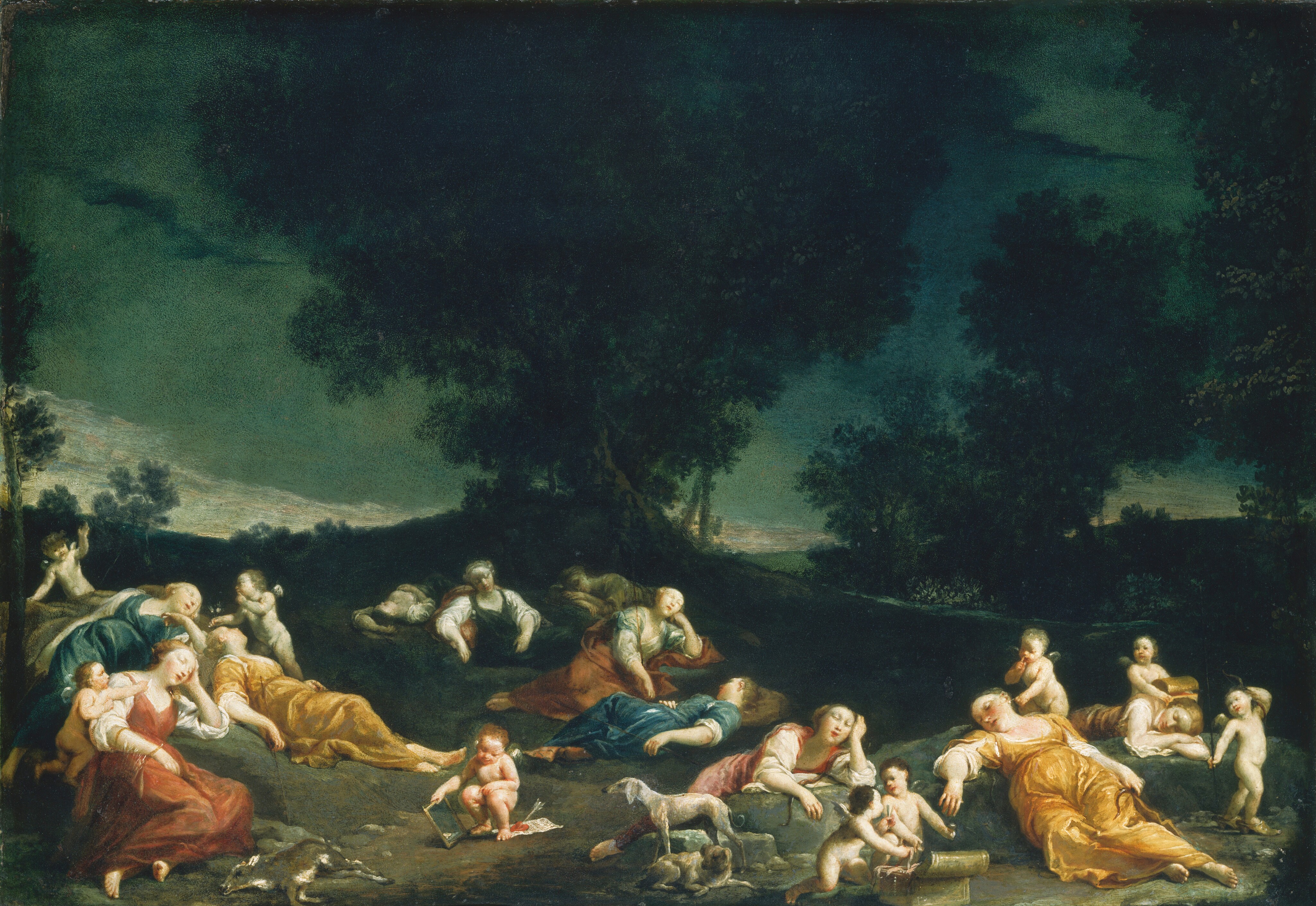 The painting shows a view of a dark sky and a sloping, tree-filled landscape. The horizon line is low, with small hills and dark trees silhouetted against the blue-green sky. Below the trees, women are sleeping on the ground. They all have pale skin and light hair, and they are draped in fabric in shades of red, yellow, blue, and green. Around the sleeping women, cherubs are engaged in mischievous activities. These cherubs are nude, with pale skin and hair in shades of brown and blond. They have small white wings growing out of their backs. The cherubs rifle through golden chests that are next to the sleeping women or try to poke their faces with small objects. Many of them are looking at one another with their fingers to their lips. In the bottom, a few dogs look up at the cherubs, as if they had been woken up from sleep. A small deer lays on the ground in the bottom left. The ground is brown and covered with small stones, and there is a low stone wall in the bottom right corner.