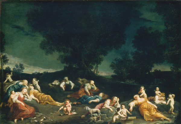 The painting shows a view of a dark sky and a sloping, tree-filled landscape. The horizon line is low, with small hills and dark trees silhouetted against the blue-green sky. Below the trees, women are sleeping on the ground. They all have pale skin and light hair, and they are draped in fabric in shades of red, yellow, blue, and green. Around the sleeping women, cherubs are engaged in mischievous activities. These cherubs are nude, with pale skin and hair in shades of brown and blond. They have small white wings growing out of their backs. The cherubs rifle through golden chests that are next to the sleeping women or try to poke their faces with small objects. Many of them are looking at one another with their fingers to their lips. In the bottom, a few dogs look up at the cherubs, as if they had been woken up from sleep. A small deer lays on the ground in the bottom left. The ground is brown and covered with small stones, and there is a low stone wall in the bottom right corner.