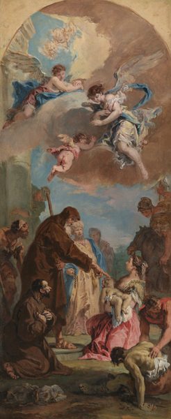 This is a tall, vertical painting. In the center, a woman in a pink-and-yellow gown sits on the ground, holding a limp child in her arms. She faces the left and is looking upward at a man in a brown robe who faces her and extends one arm towards the child, placing his finger on its forehead. Surrounding this group, many other people look at them with expressions of shock or amazement, leaning forward with their mouths open and hands raised. All the people in the painting have pale skin, although the child and another man in the bottom right corner have a greenish sheen to their skin. In the sky above this group, cherubs and angels fly, surrounded by clouds and looking down on the scene below. The sky is blue, with pink clouds and green trees, and a tall gray column on the left side.