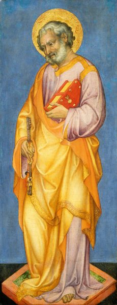 This painting depicts a man standing, slightly turned to the left. He has pale skin, curly, greyish-white hair, and a short gray beard. He wears a golden robe with intricate designs on the hems over a purple garment with gold stripes on the neck and shoulders. He holds a large object in his right hand that looks like a gold key, and in his left hand he holds a red book. A golden halo surrounds his head. He stands barefoot on a small platform with grass within a reddish-brown border against a black surface. Behind him is a blue background.