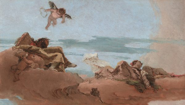 This is a painting of a cherub with small wings hovering in the sky amidst swirling clouds. The sky is a soft blue with streaks of darker blue tones and a section of gray on the right. This cherub holds a circular object in one hand, perhaps a crown or a wreath, and a long, thin object in the other hand. Below, people appear to lie on the rocky, reddish-brown ground. We see them from the side, and their features are indistinct. On the left seem to be a man with a dark beard and another cherub holding an indistinct object, and on the right seem to be two women who lean towards each other. The brushstrokes in the painting are thick and visible.